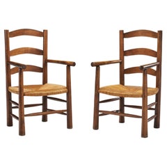 French Oak Armchairs with Woven Rush Seat, France 1950s