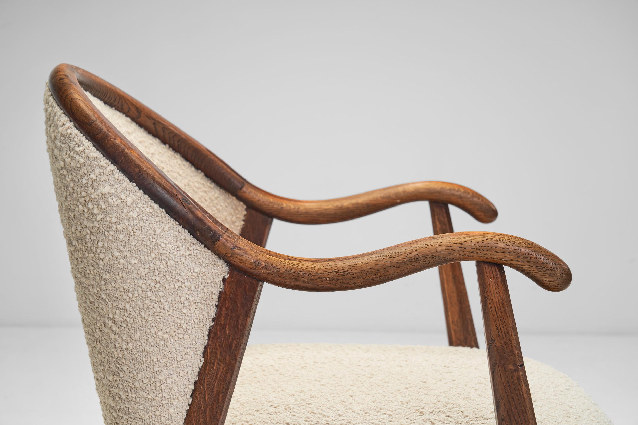 French Oak Art Deco Chairs in Taupe Bouclé, France 1930s 9