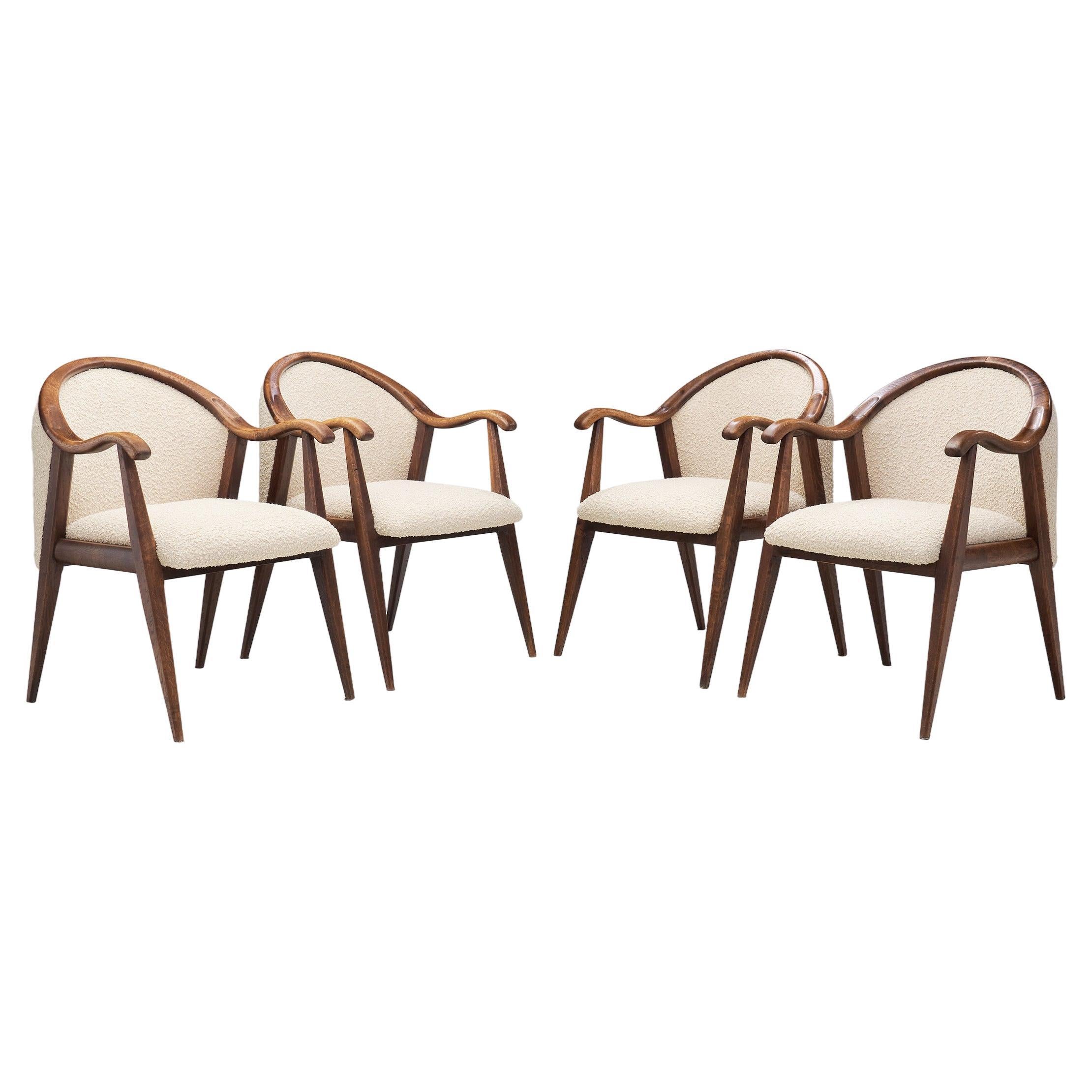 French Oak Art Deco Chairs in Taupe Bouclé, France 1930s