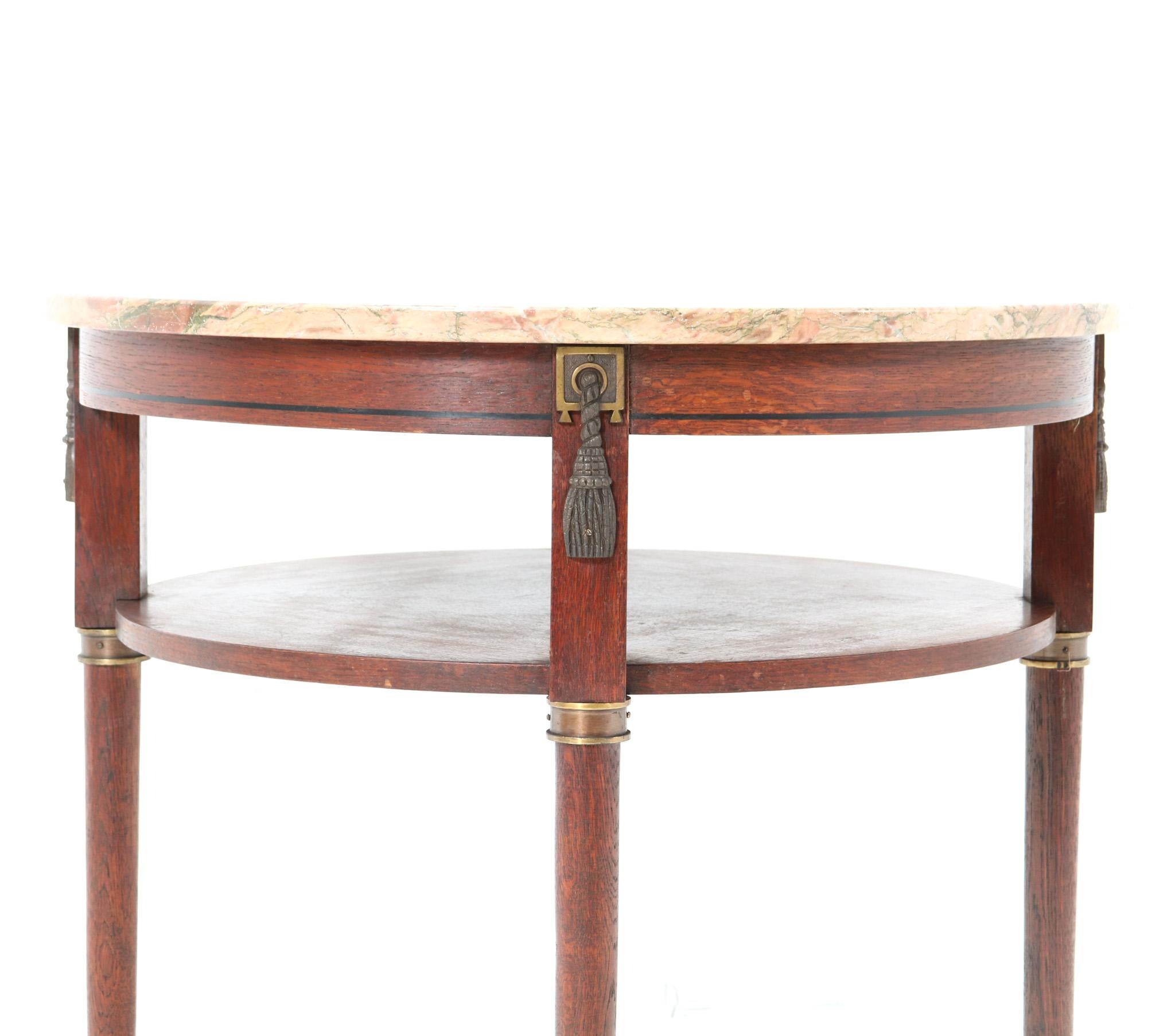 Brass French Oak Art Deco Side Table with Marble Top, 1930s For Sale