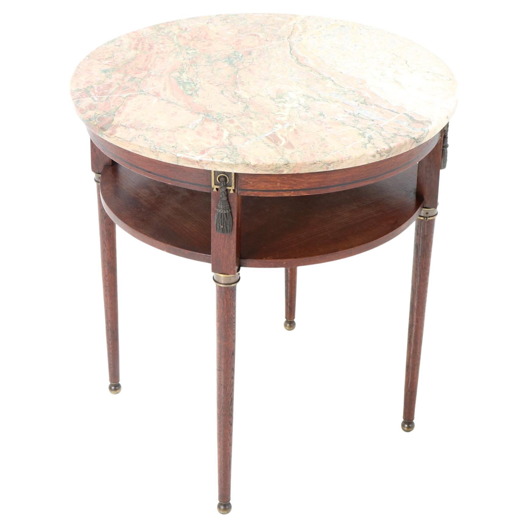 French Oak Art Deco Side Table with Marble Top, 1930s