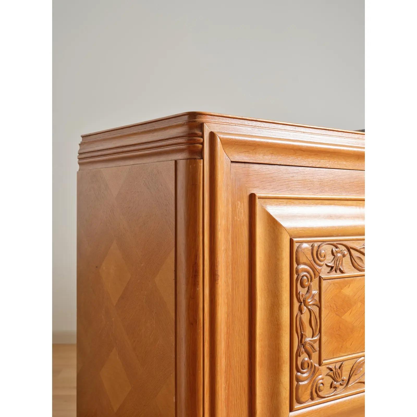 French Oak Art Deco Sideboard With Partial Marble Top In Good Condition For Sale In Duxbury, MA