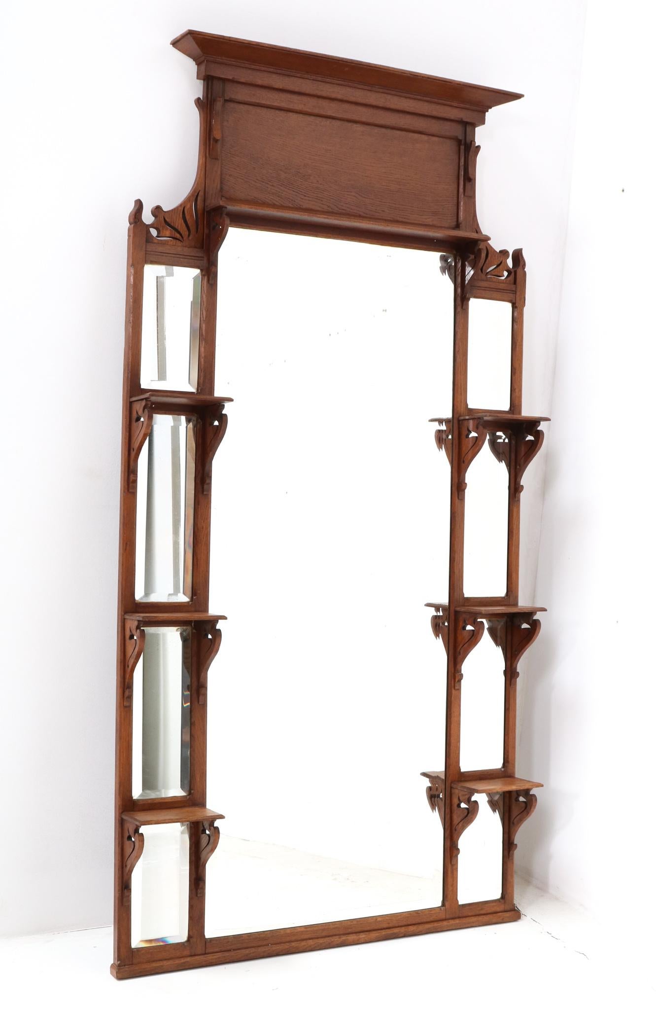 Beveled French Oak Art Nouveau Trumeau or Wall Mirror, 1900s For Sale