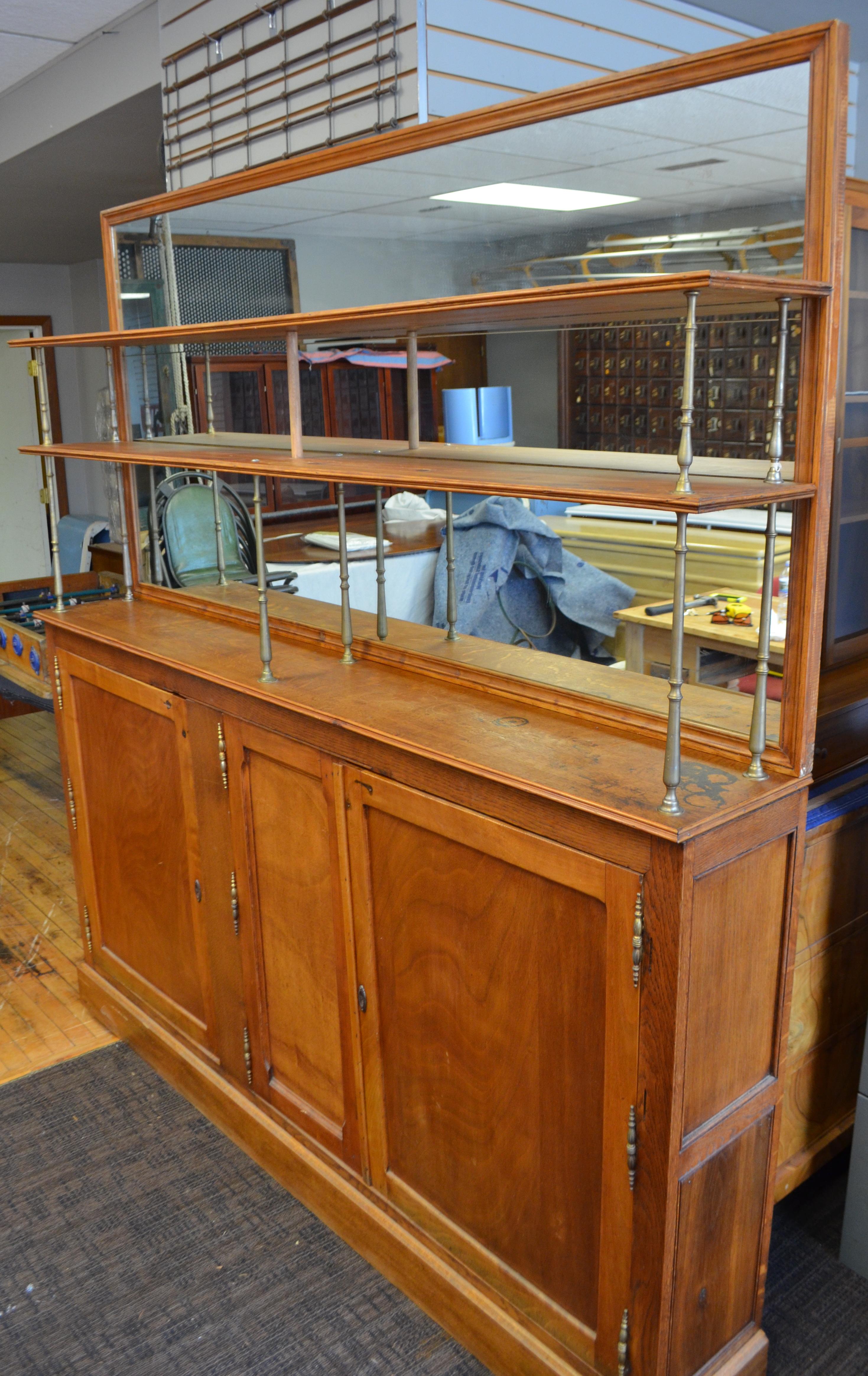 French Oak Back Bar, circa 1910, with Two Shelves Backed by Mirror For Sale 3