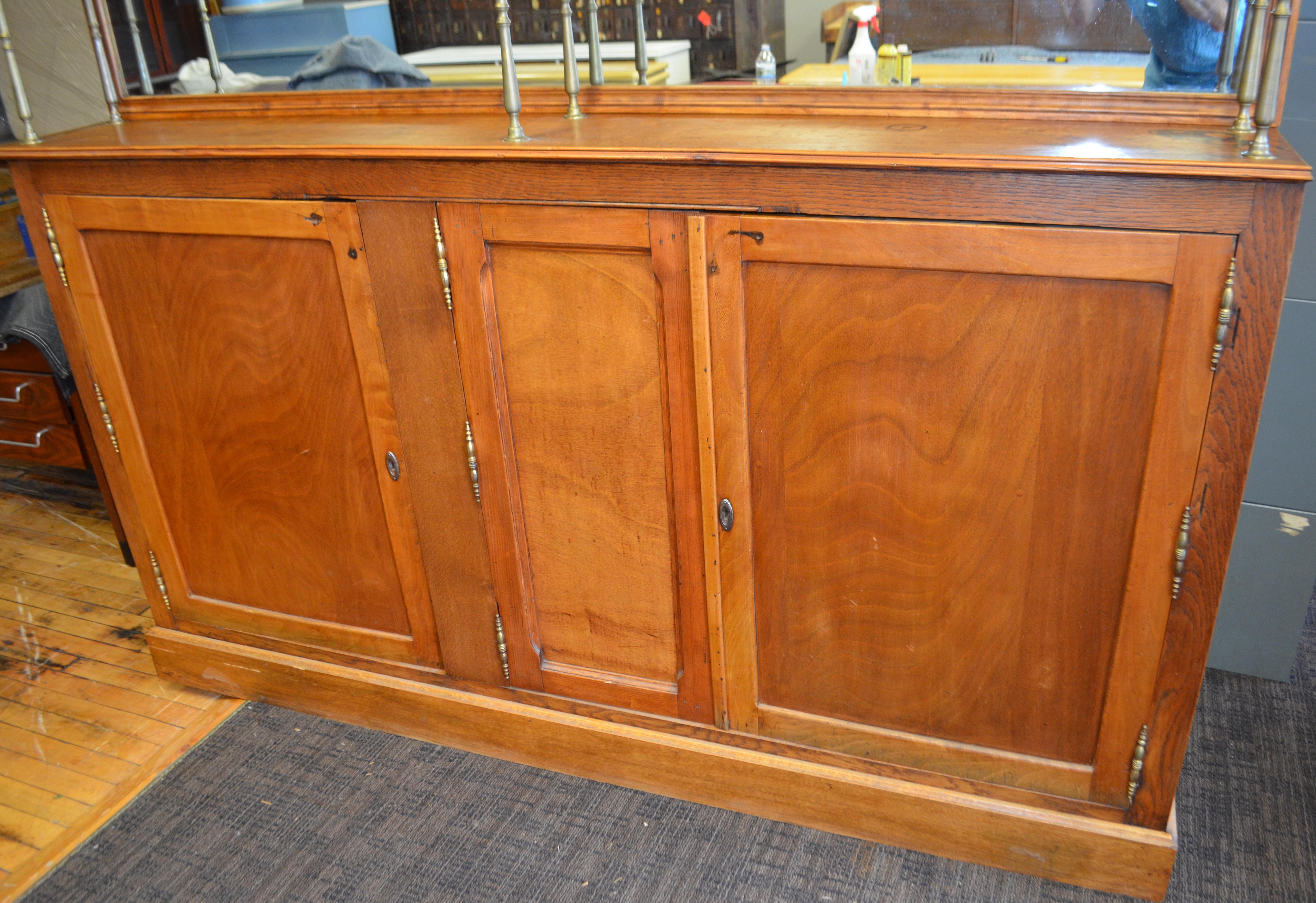 Art Nouveau French Oak Back Bar, circa 1910, with Two Shelves Backed by Mirror For Sale