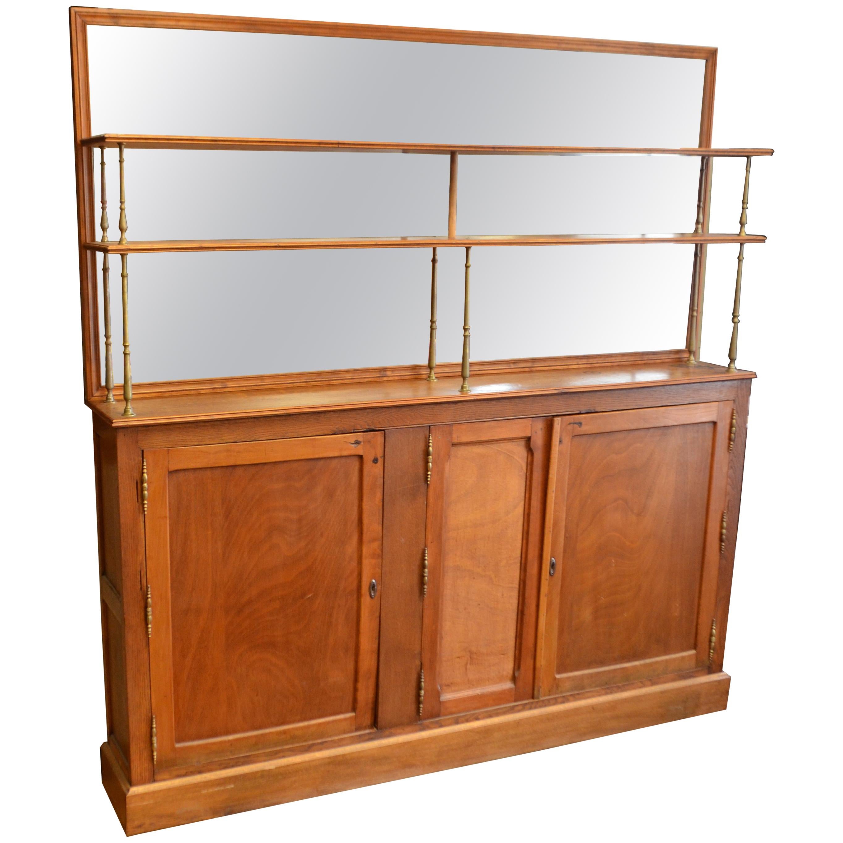 French Oak Back Bar, circa 1910, with Two Shelves Backed by Mirror For Sale