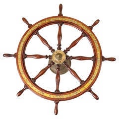 French Oak, Beech Wood, and Brass Ship's Wheel, Dated 1914, Nantes, Brittany
