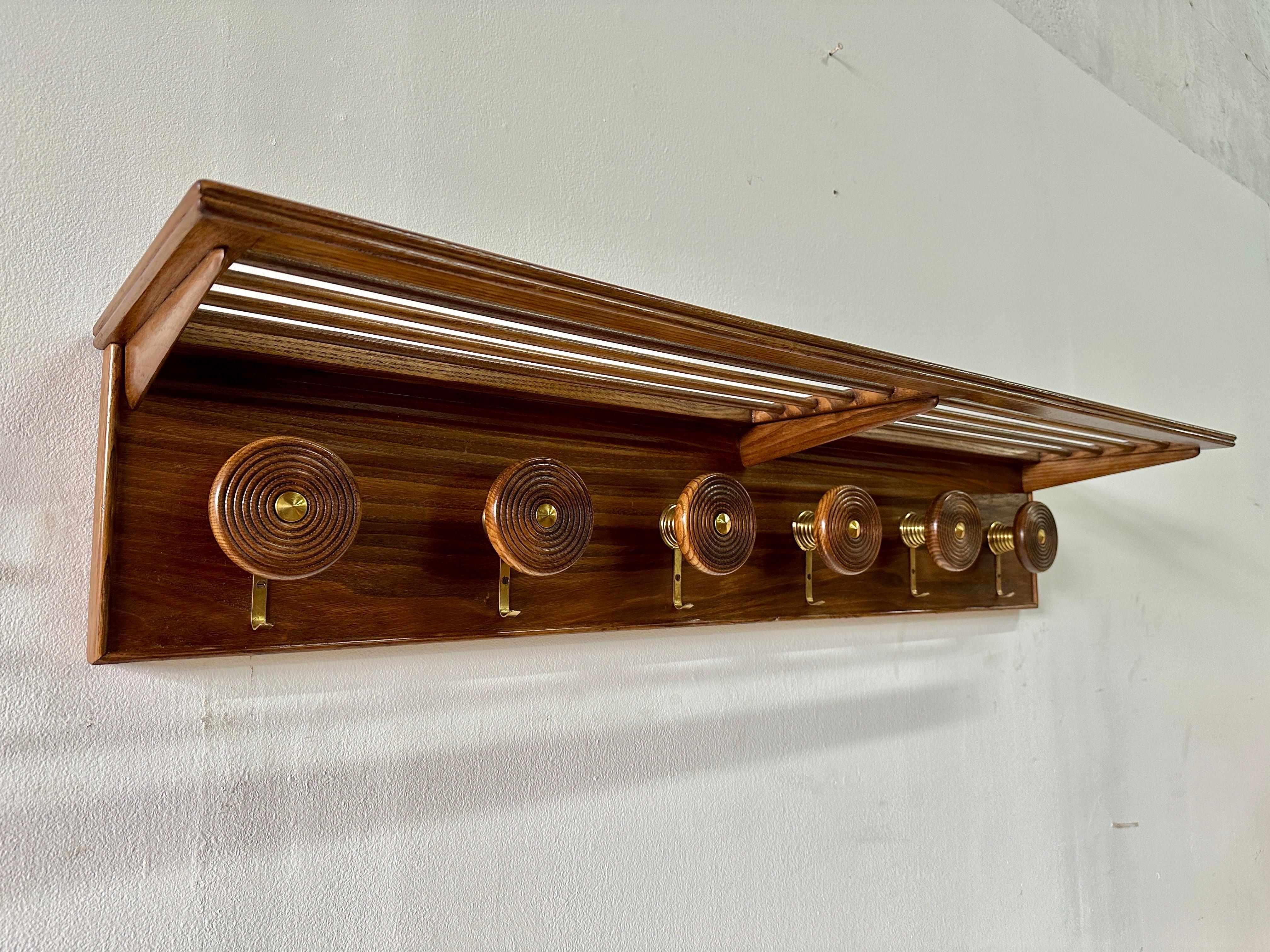 Mid-20th Century French Oak & Brass Hat/Coat Rack For Sale