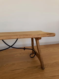 French Oak Brutalist Style Coffee Table with Iron Stretcher, Circa 1960