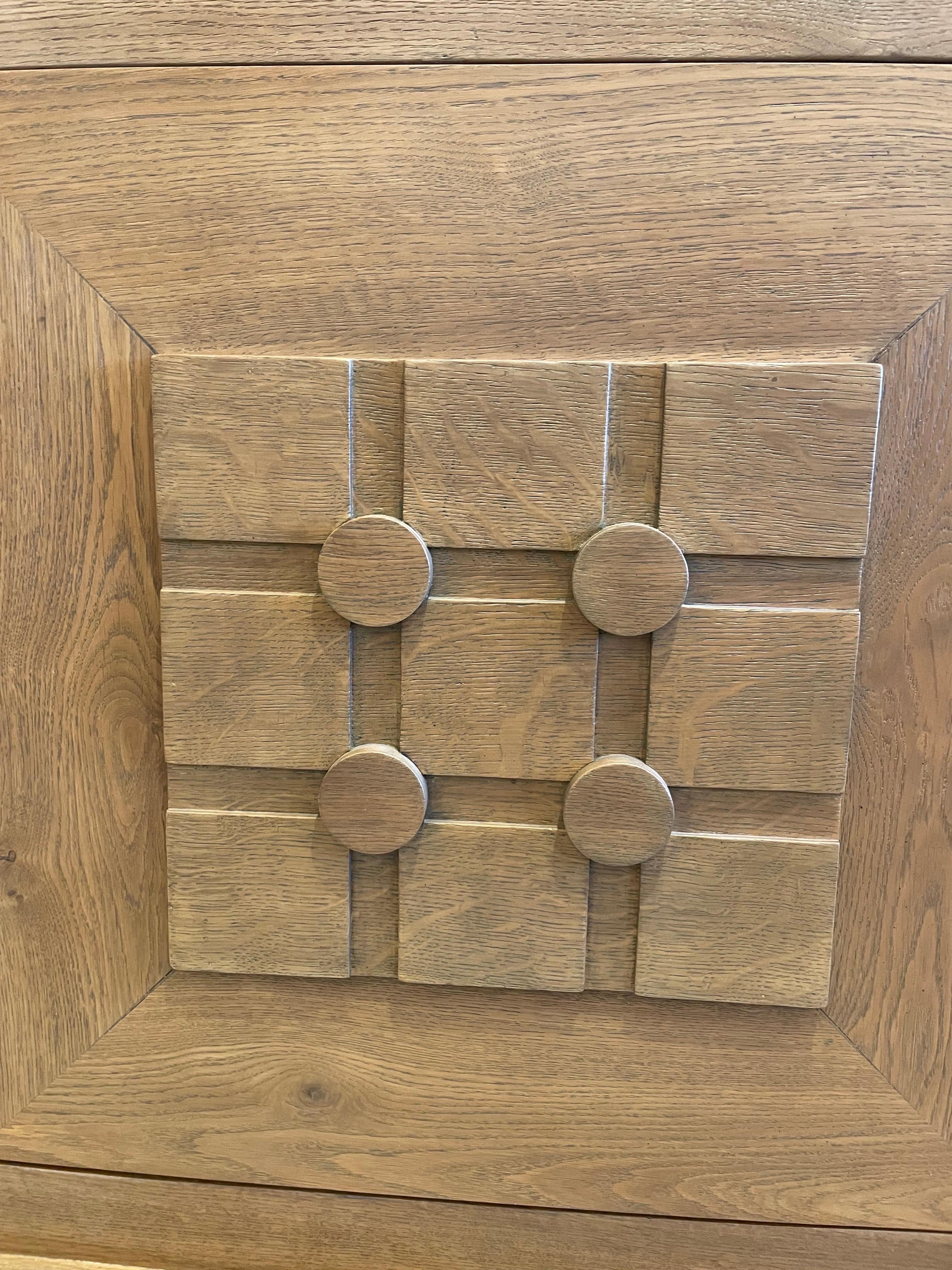 Mid-Century Modern French Oak Buffet W/ Geometric Details and Marble Top For Sale