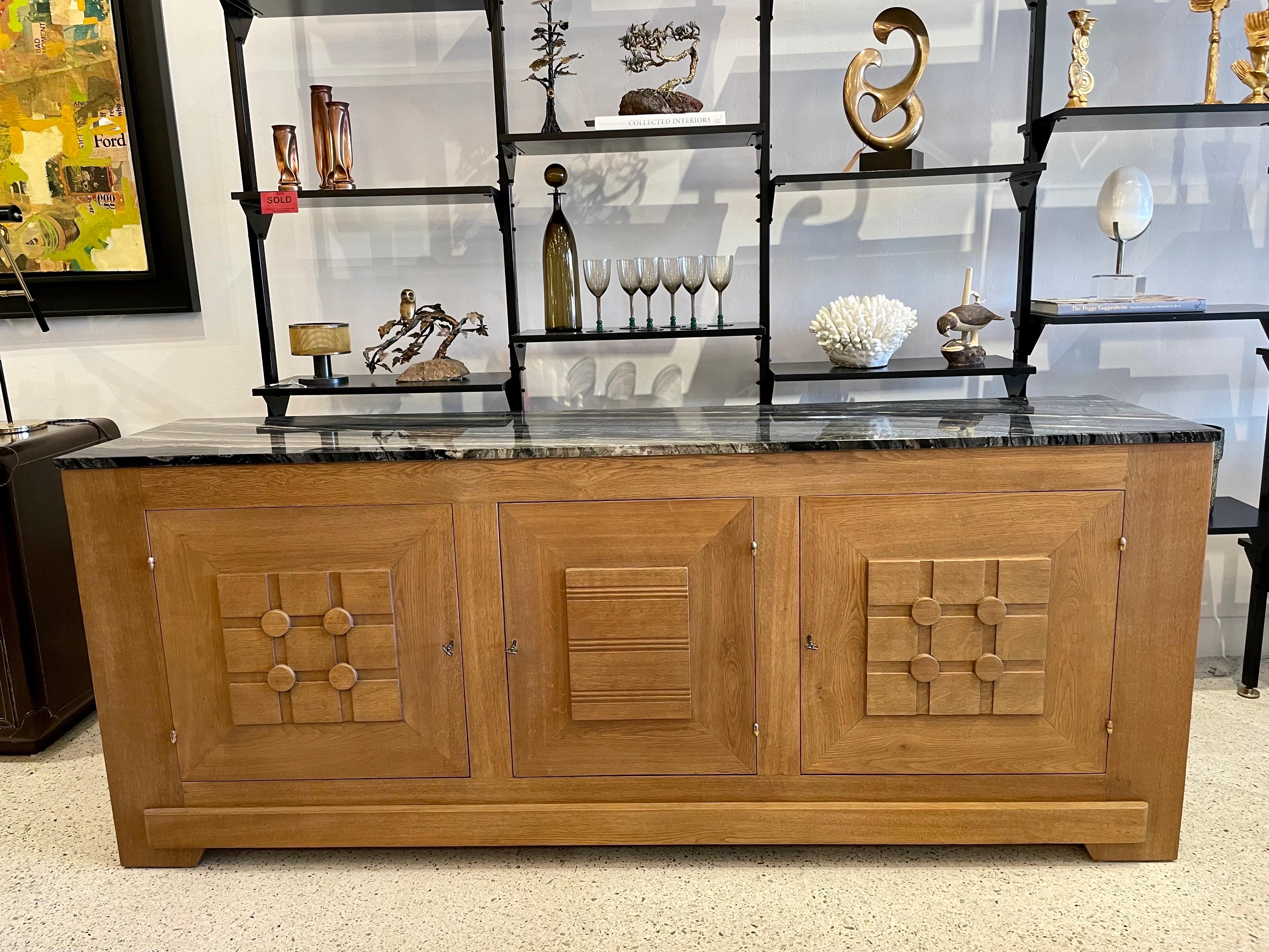 French Oak Buffet W/ Geometric Details and Marble Top For Sale 1