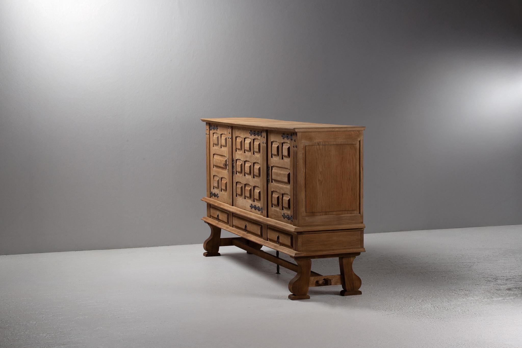 Mid-20th Century French Oak Buffet with Carved Panels and Iron Detailing, 1940s For Sale