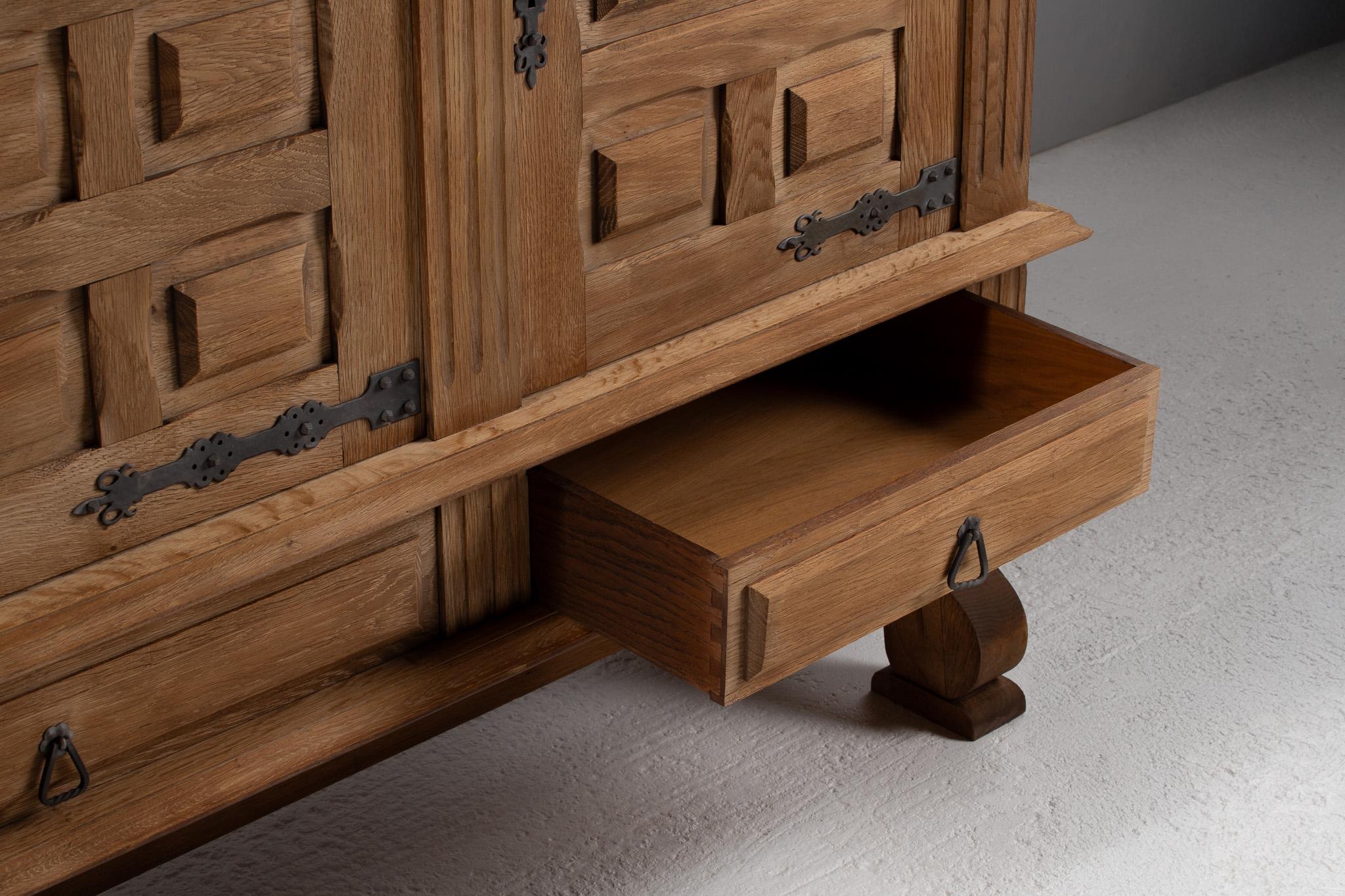 French Oak Buffet with Carved Panels and Iron Detailing, 1940s For Sale 4