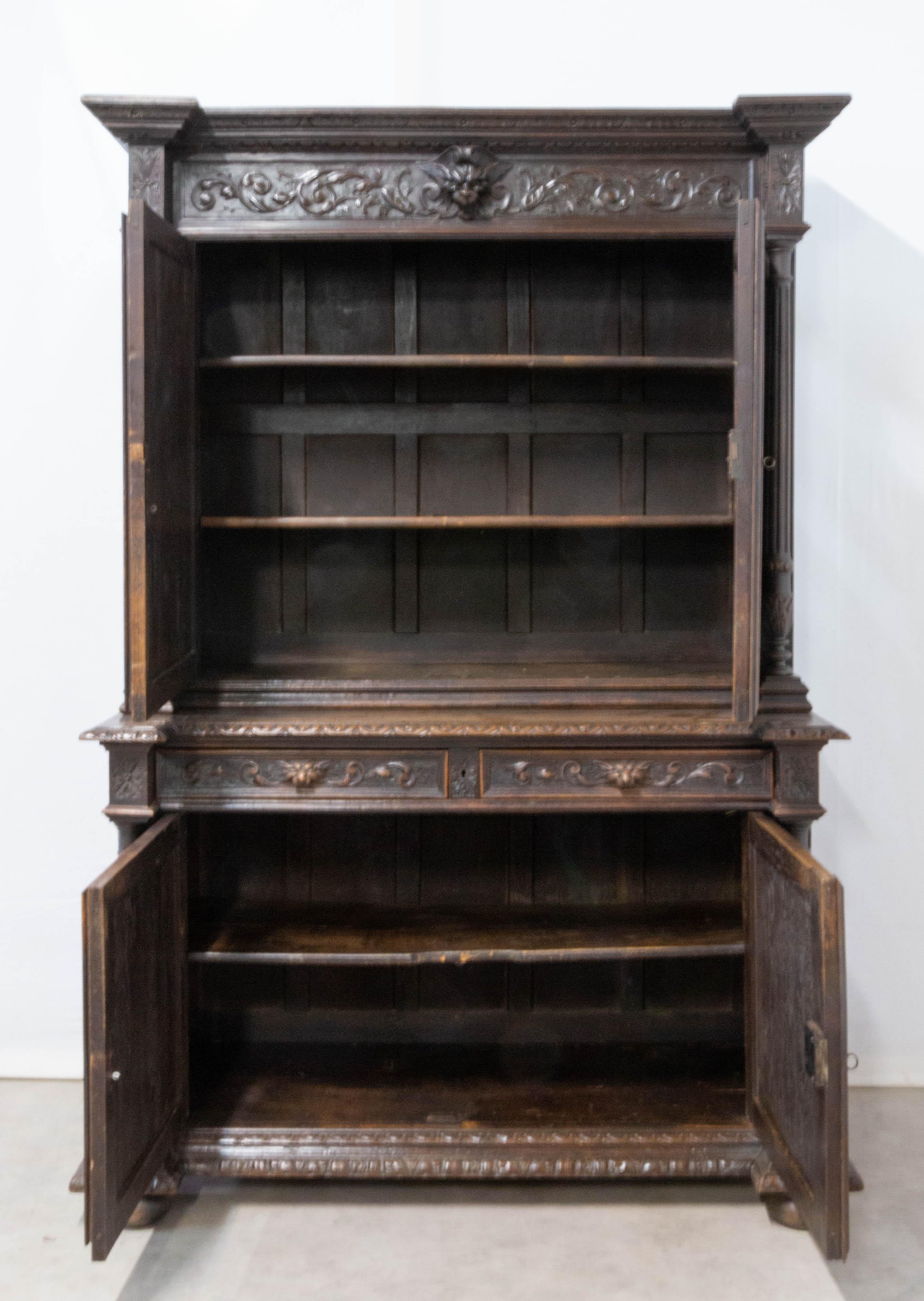 French Oak Cabinet Deux Corps Buffet Renaissance Revival, Mid 19th Century For Sale 1