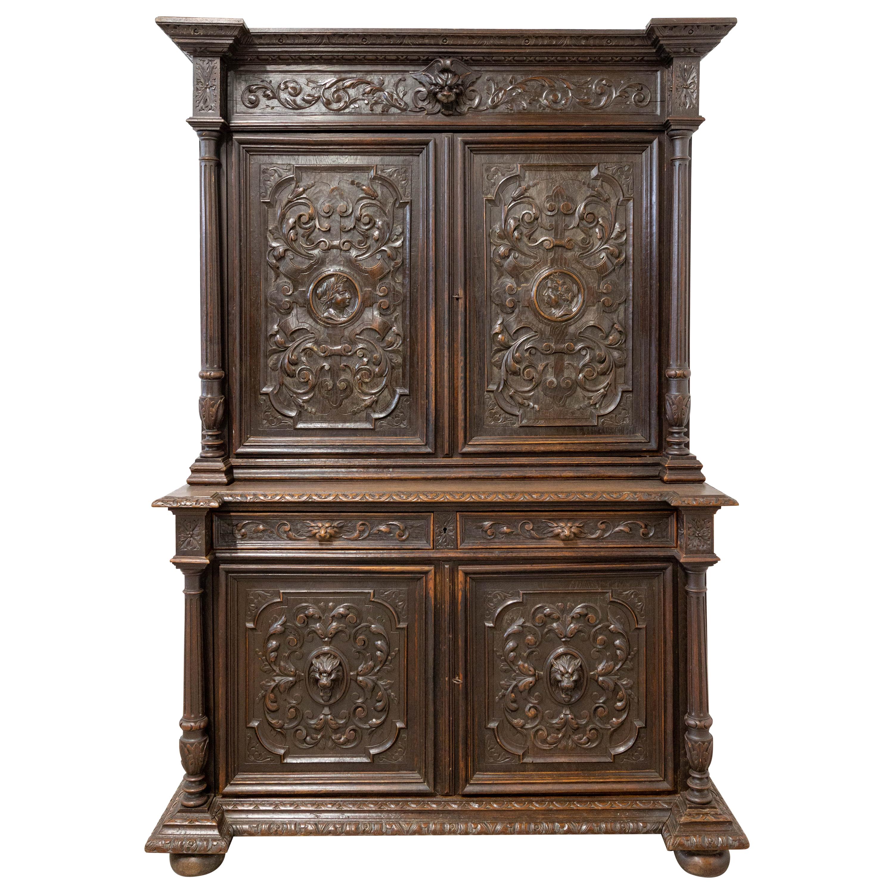 French Oak Cabinet Deux Corps Buffet Renaissance Revival, Mid 19th Century