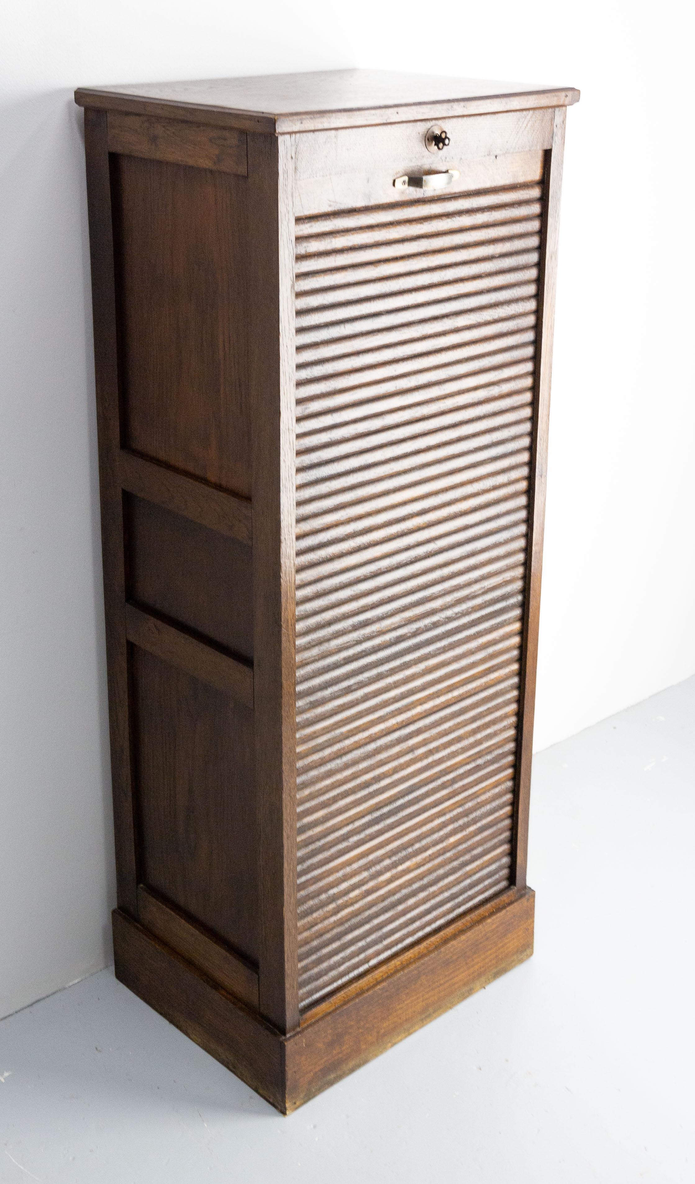 Mid-Century Modern French Oak Cabinet with Tambour Roll-Top, circa 1940