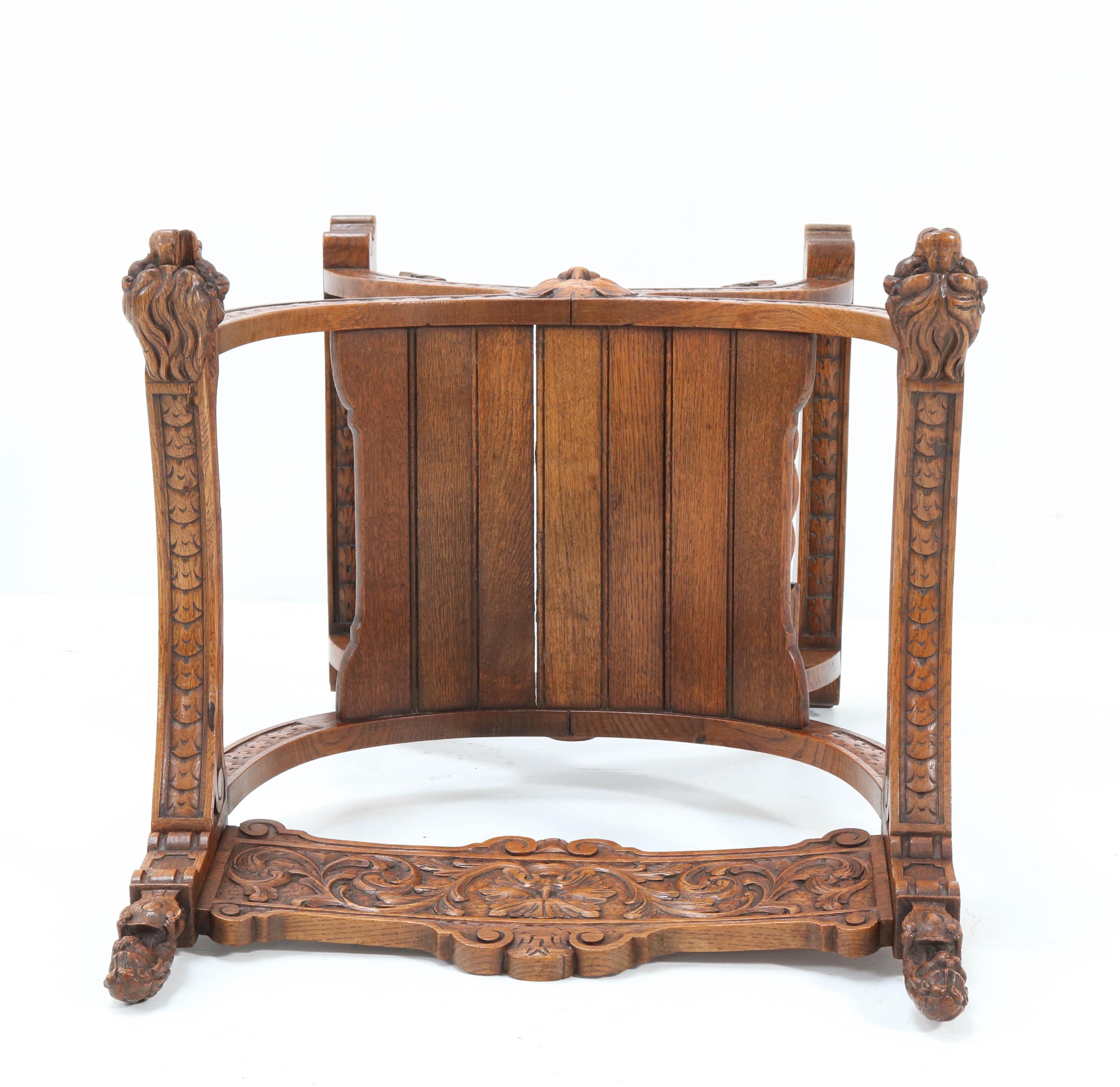 French Oak Carved Curule Chair Arm Throne Neo Renaissance Dagobert, 1920s 5