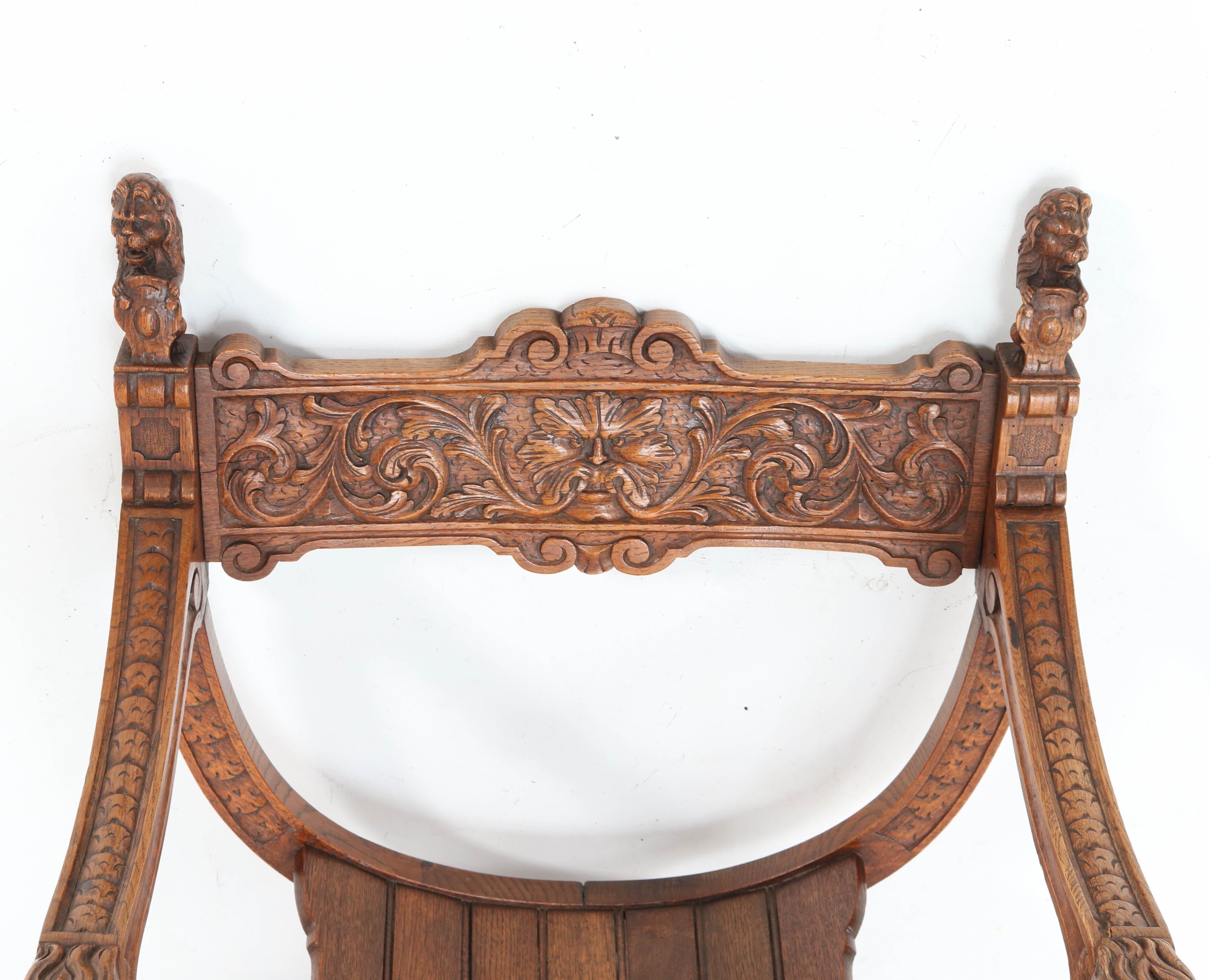French Oak Carved Curule Chair Arm Throne Neo Renaissance Dagobert, 1920s 6