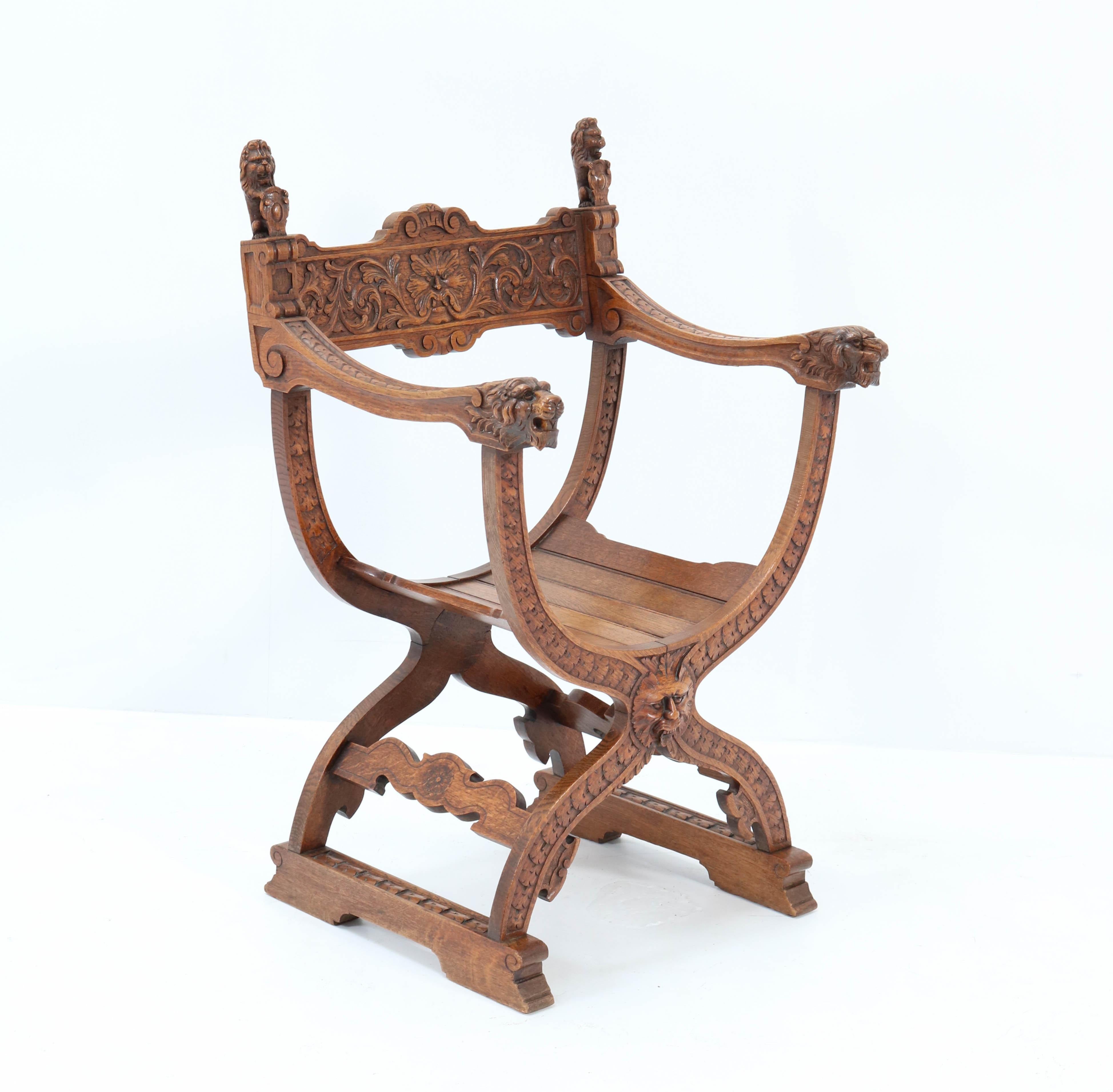Early 20th Century French Oak Carved Curule Chair Arm Throne Neo Renaissance Dagobert, 1920s