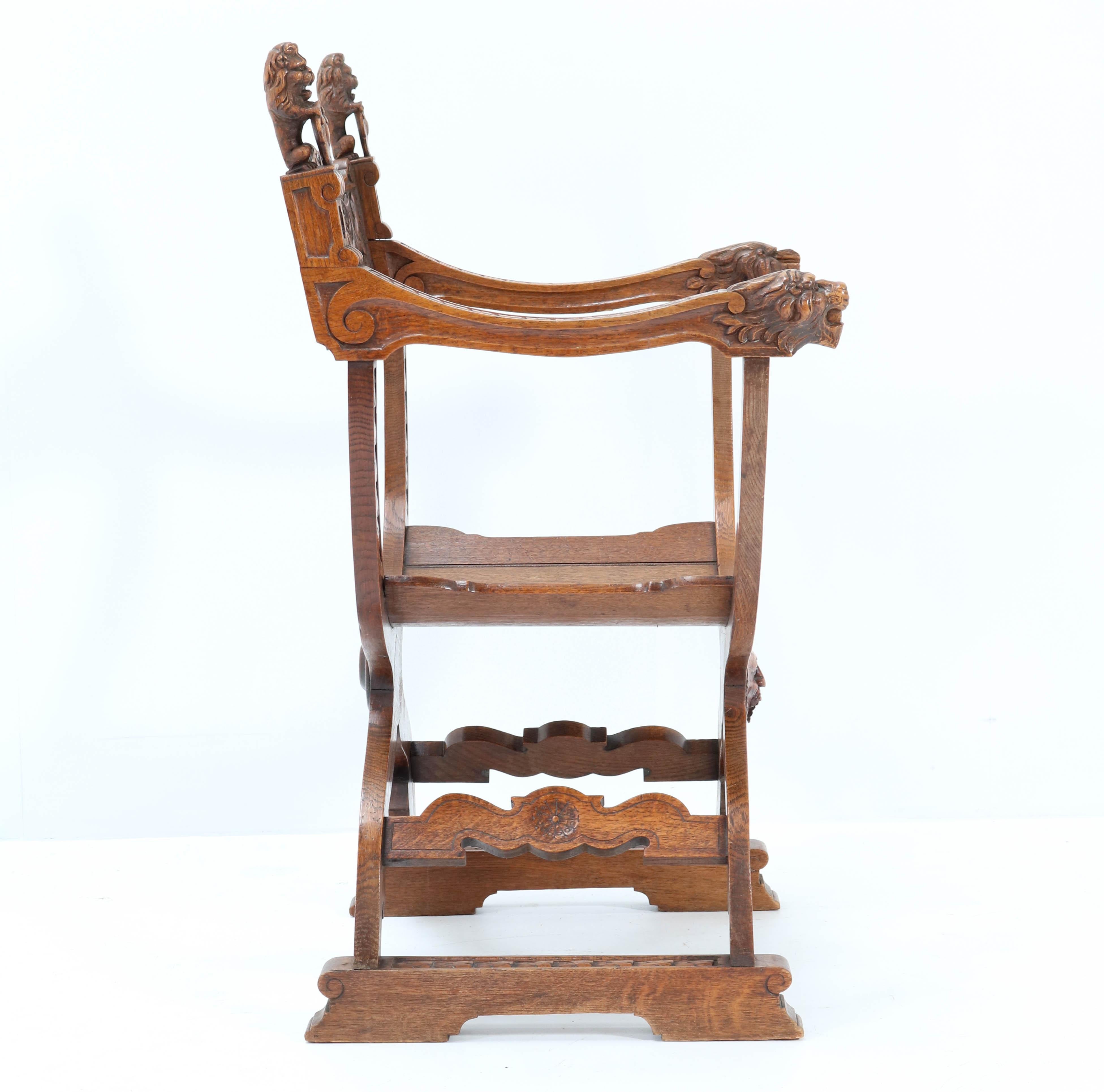French Oak Carved Curule Chair Arm Throne Neo Renaissance Dagobert, 1920s 1
