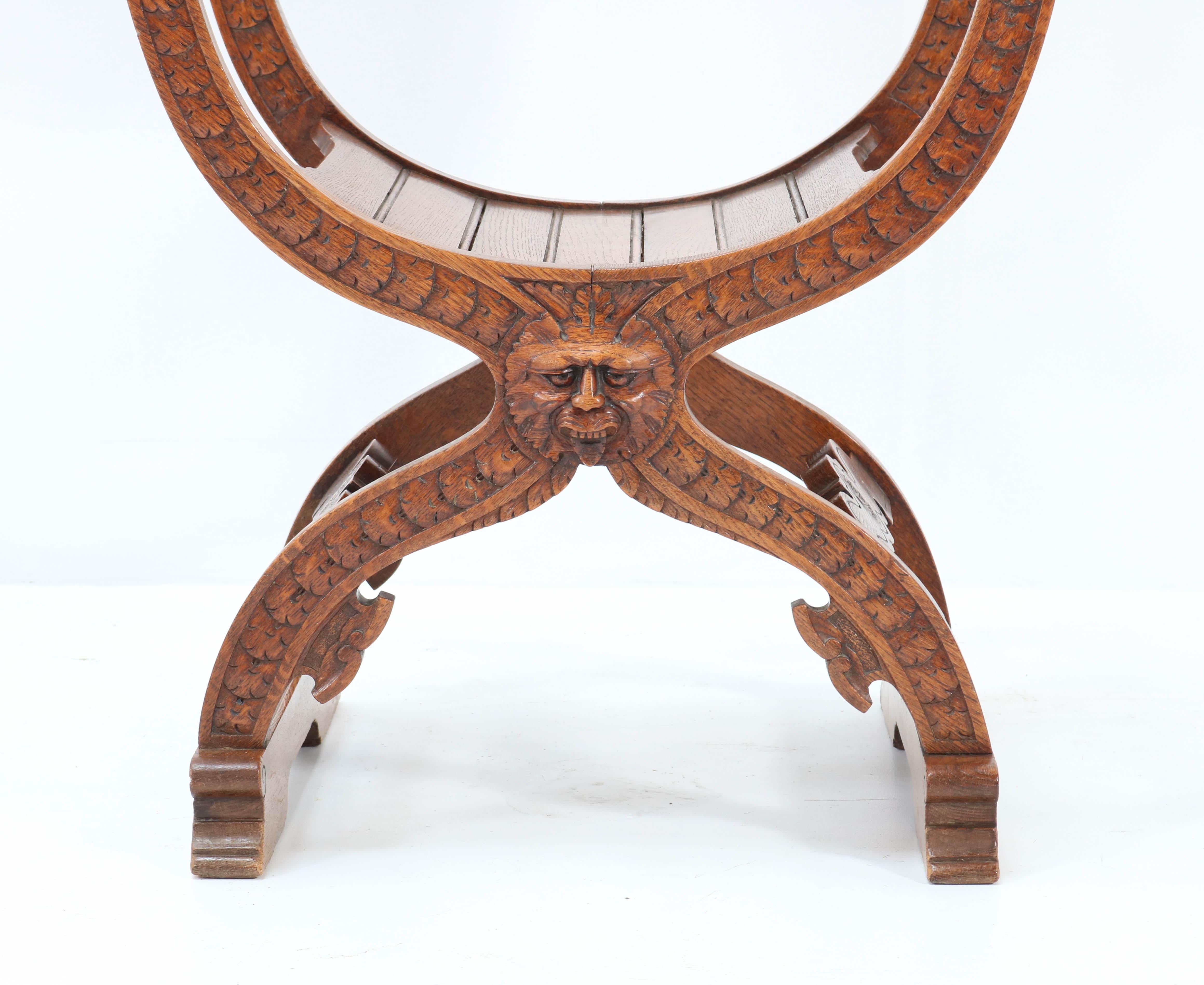 French Oak Carved Curule Chair Arm Throne Neo Renaissance Dagobert, 1920s 2