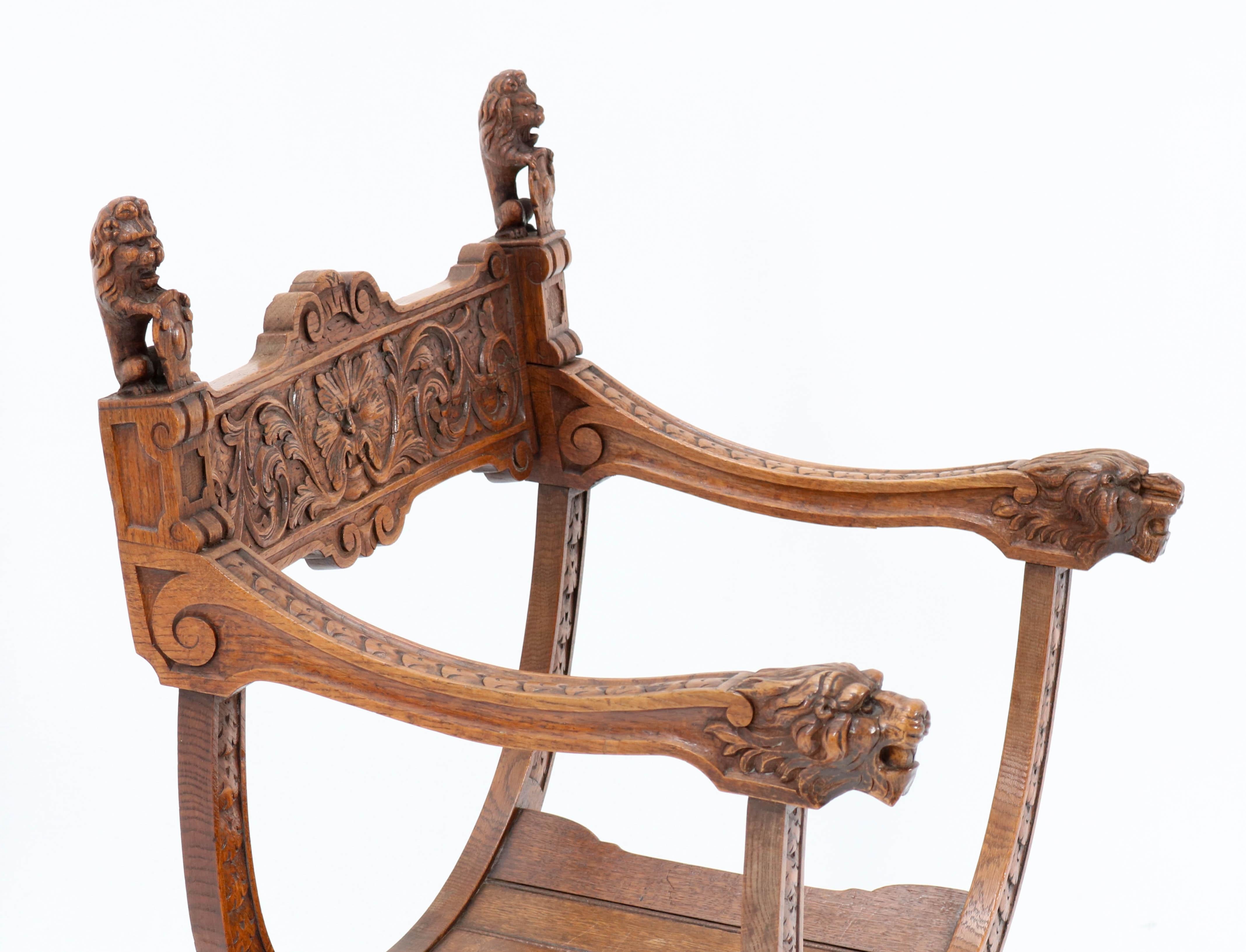 French Oak Carved Curule Chair Arm Throne Neo Renaissance Dagobert, 1920s 4