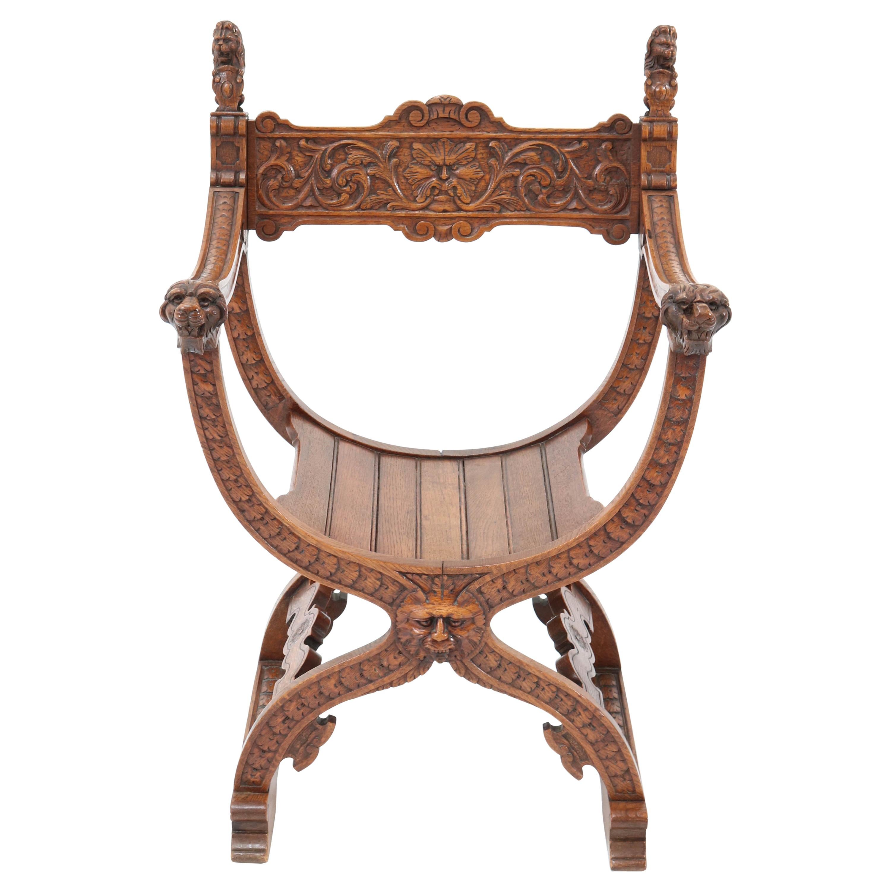 French Oak Carved Curule Chair Arm Throne Neo Renaissance Dagobert, 1920s