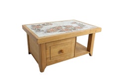 French Oak & Ceramic Coffee Table Tiles Signed Monsan Picard, circa 1970
