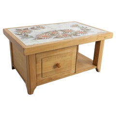 French Oak & Ceramic Coffee Table Tiles Signed Monsan Picard, circa 1970