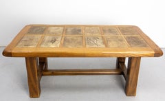 Französisch Eiche & Keramik Couchtisch Vallauris Fliesen Signiert Barrois, um 1970
