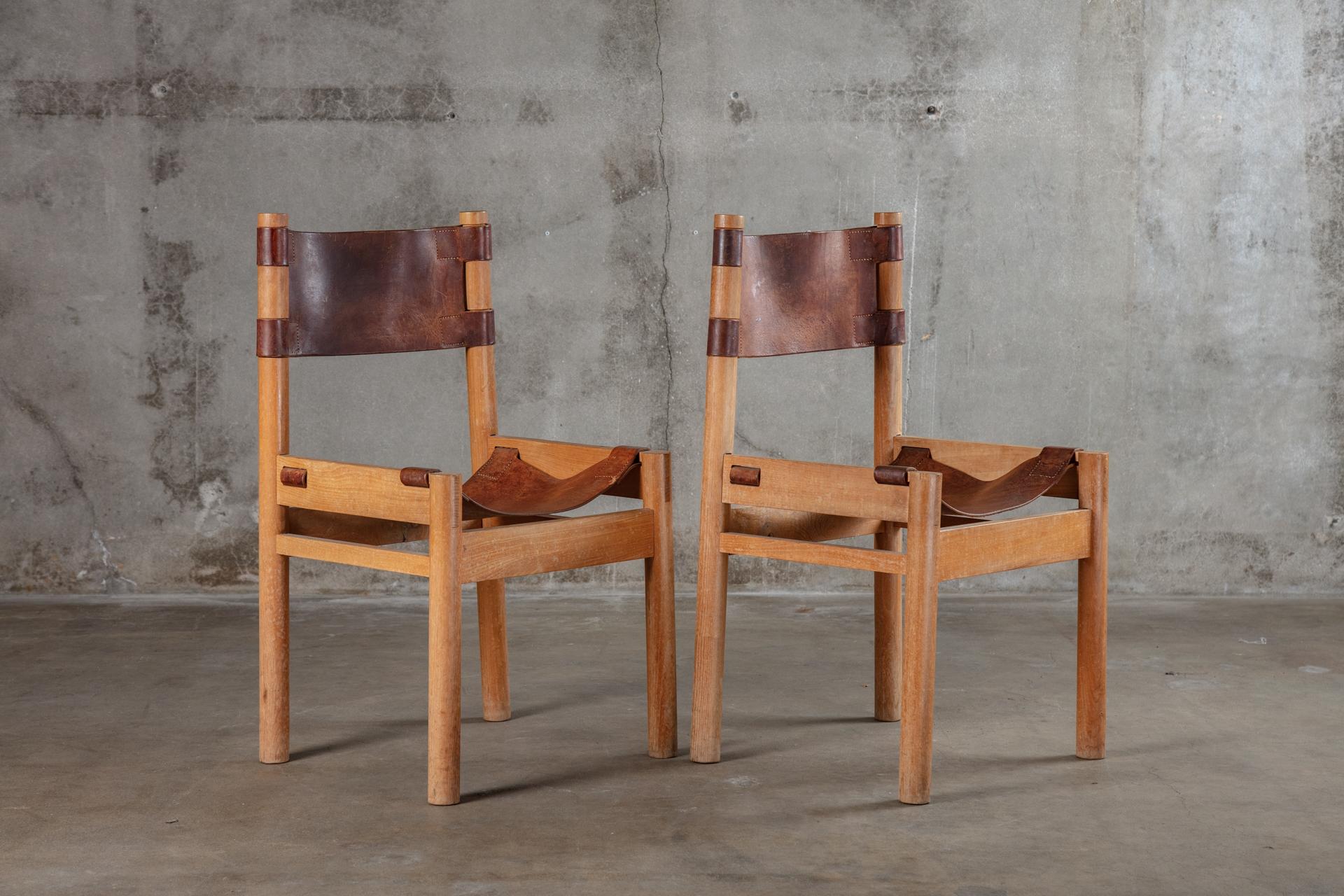 20th Century French Oak Chairs with Leather Sling Seats by Pierre Chapo
