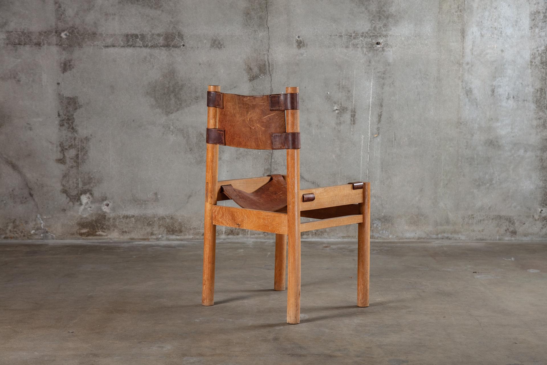 French Oak Chairs with Leather Sling Seats by Pierre Chapo 1