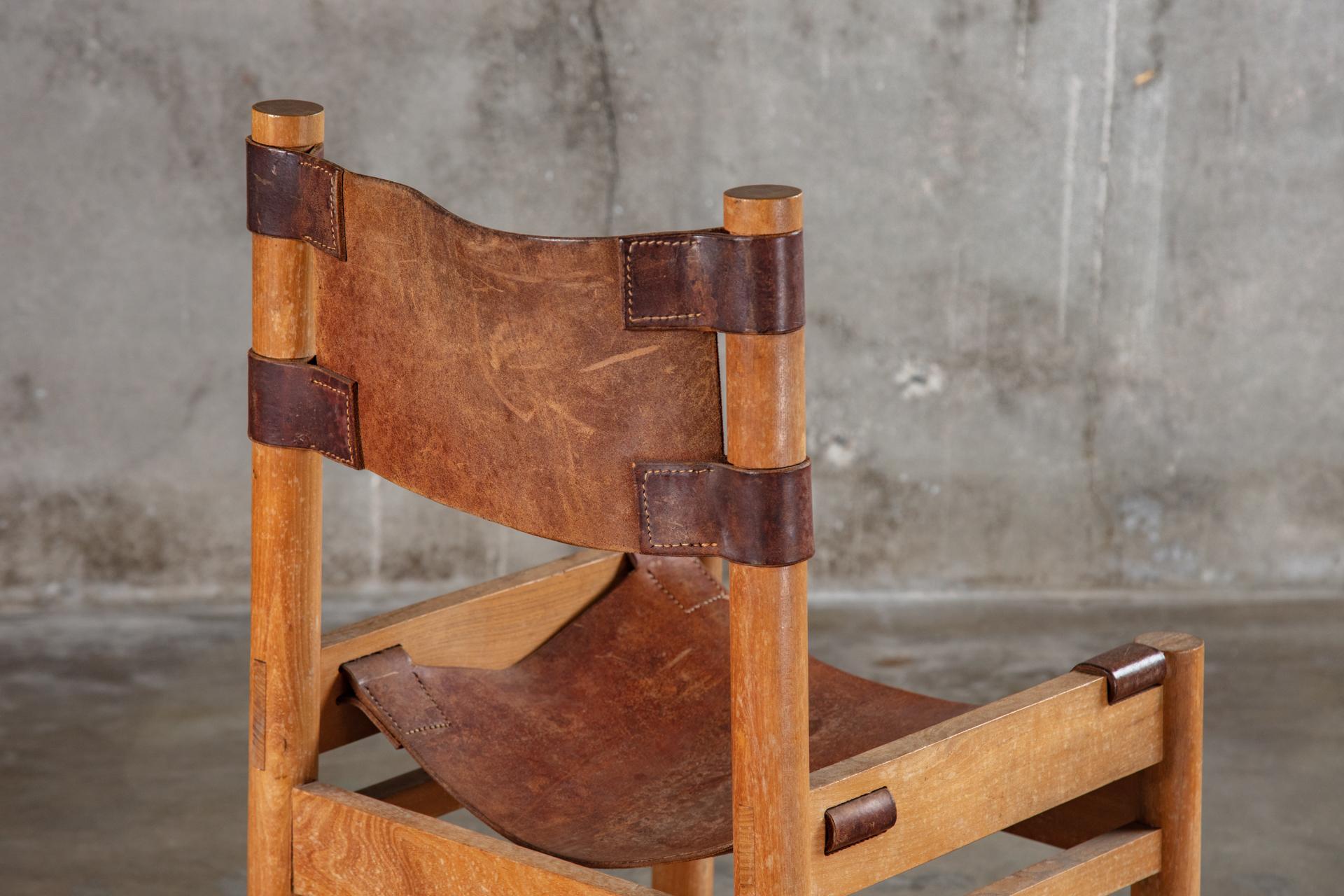 French Oak Chairs with Leather Sling Seats by Pierre Chapo 2