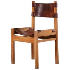French Oak Chairs with Leather Sling Seats by Pierre Chapo