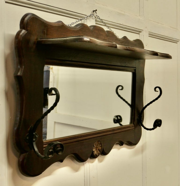French Oak Coat and Hat Rack with Shelf and Mirror For Sale at 1stDibs