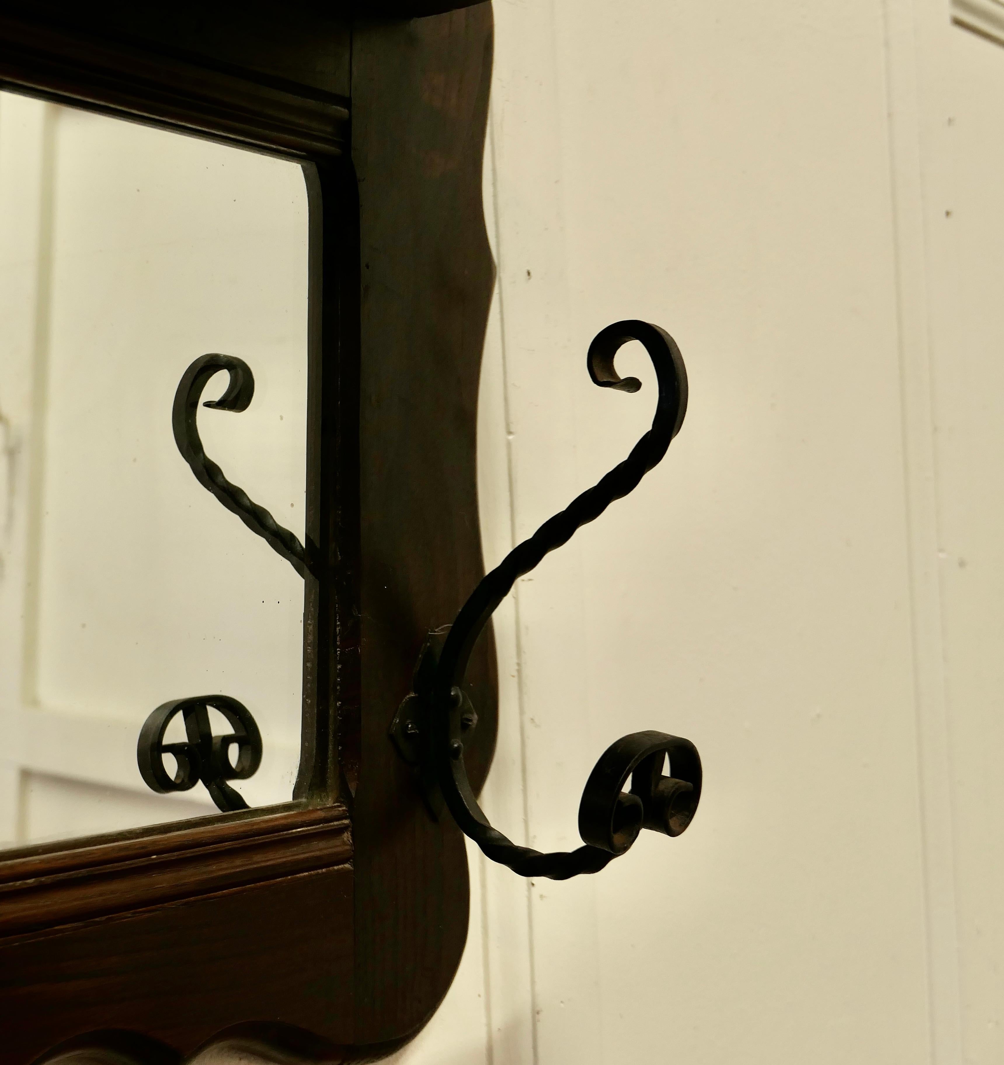20th Century French Oak Coat and Hat Rack with Shelf and Mirror