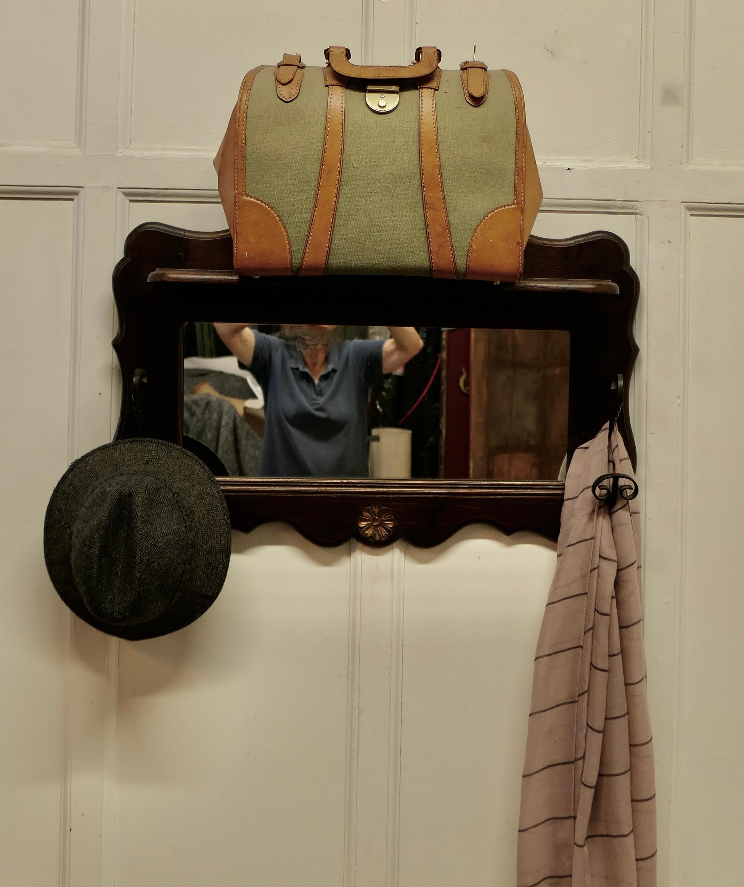 French Oak Coat and Hat Rack with Shelf and Mirror 2