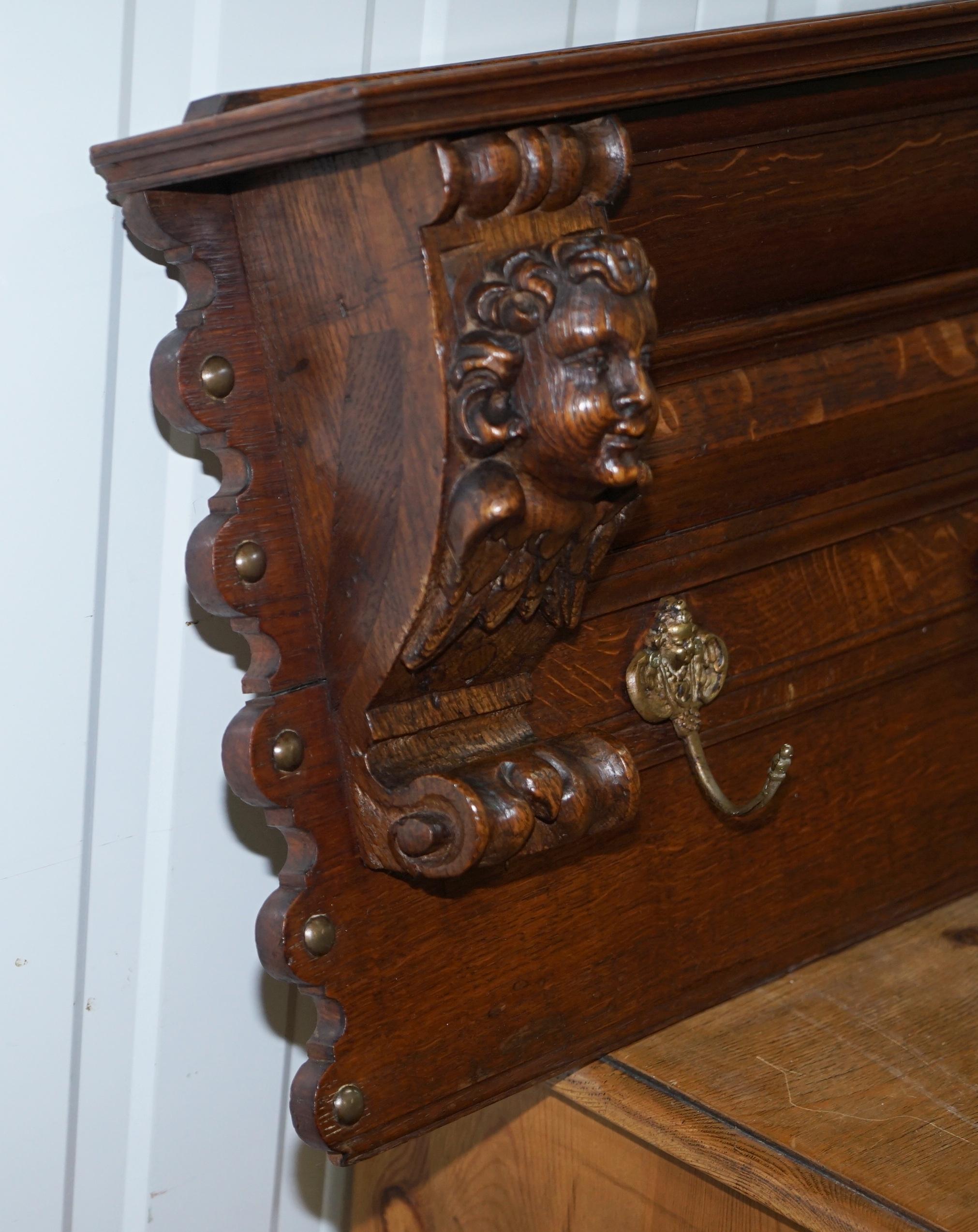 French Oak Coat or Utensil Rack Wall Mounted Winged Cherubs Carvings, circa 1840 10