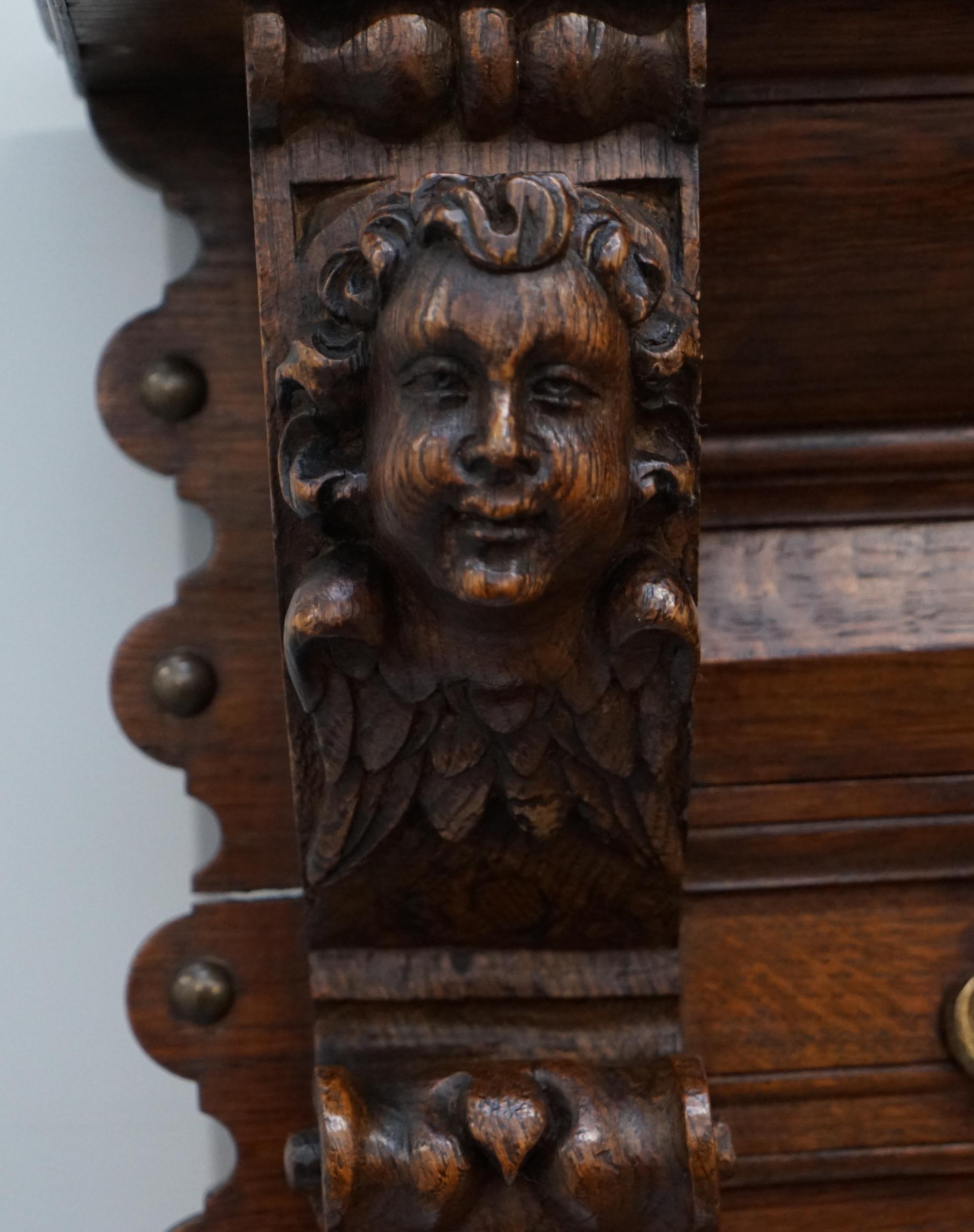 British French Oak Coat or Utensil Rack Wall Mounted Winged Cherubs Carvings, circa 1840