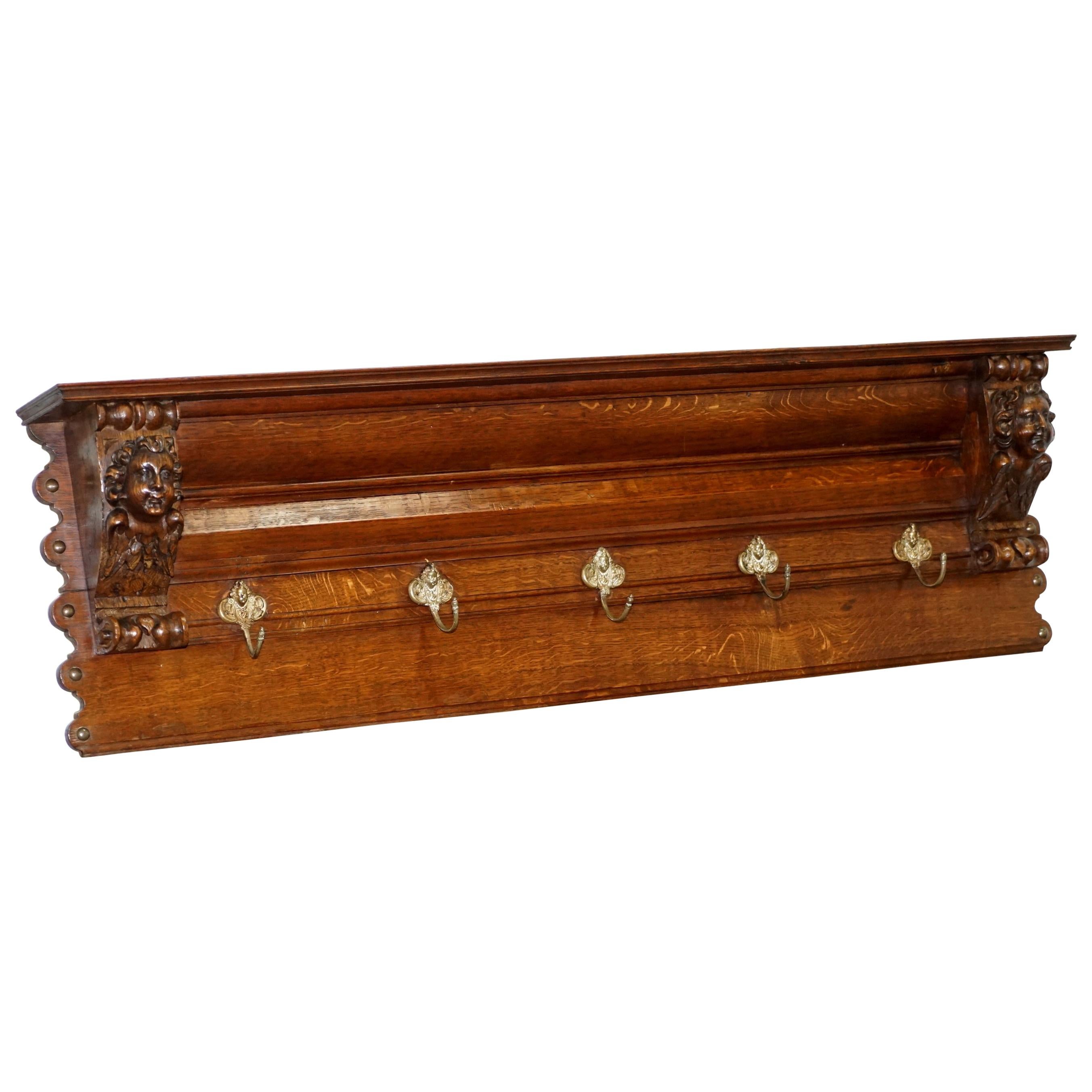 French Oak Coat or Utensil Rack Wall Mounted Winged Cherubs Carvings, circa 1840