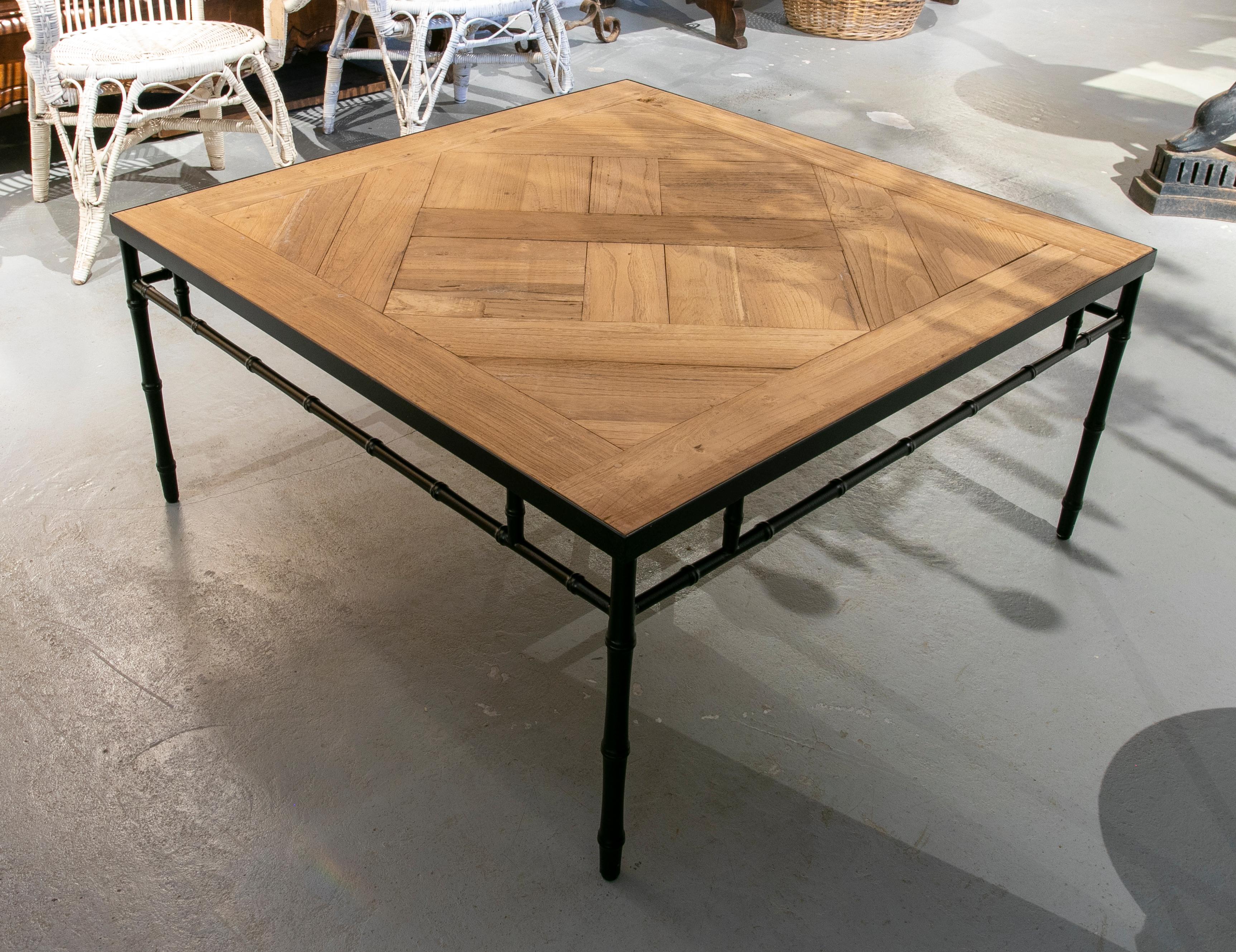 French Oak Coffee Table with Bamboo Imitation Iron Frame and French Oak Tabletop For Sale 4