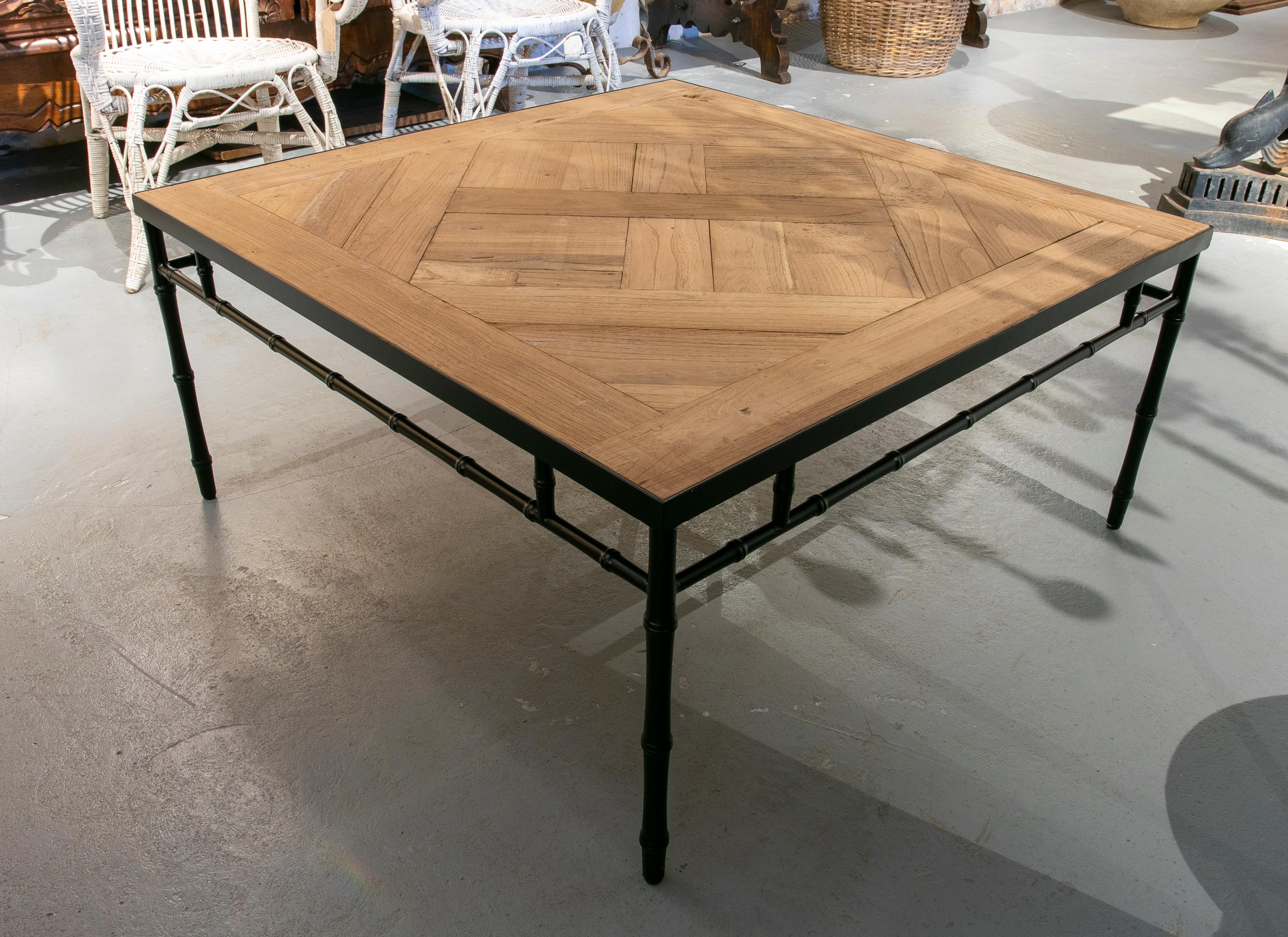 French Oak Coffee Table with Bamboo Imitation Iron Frame and French Oak Tabletop For Sale 2