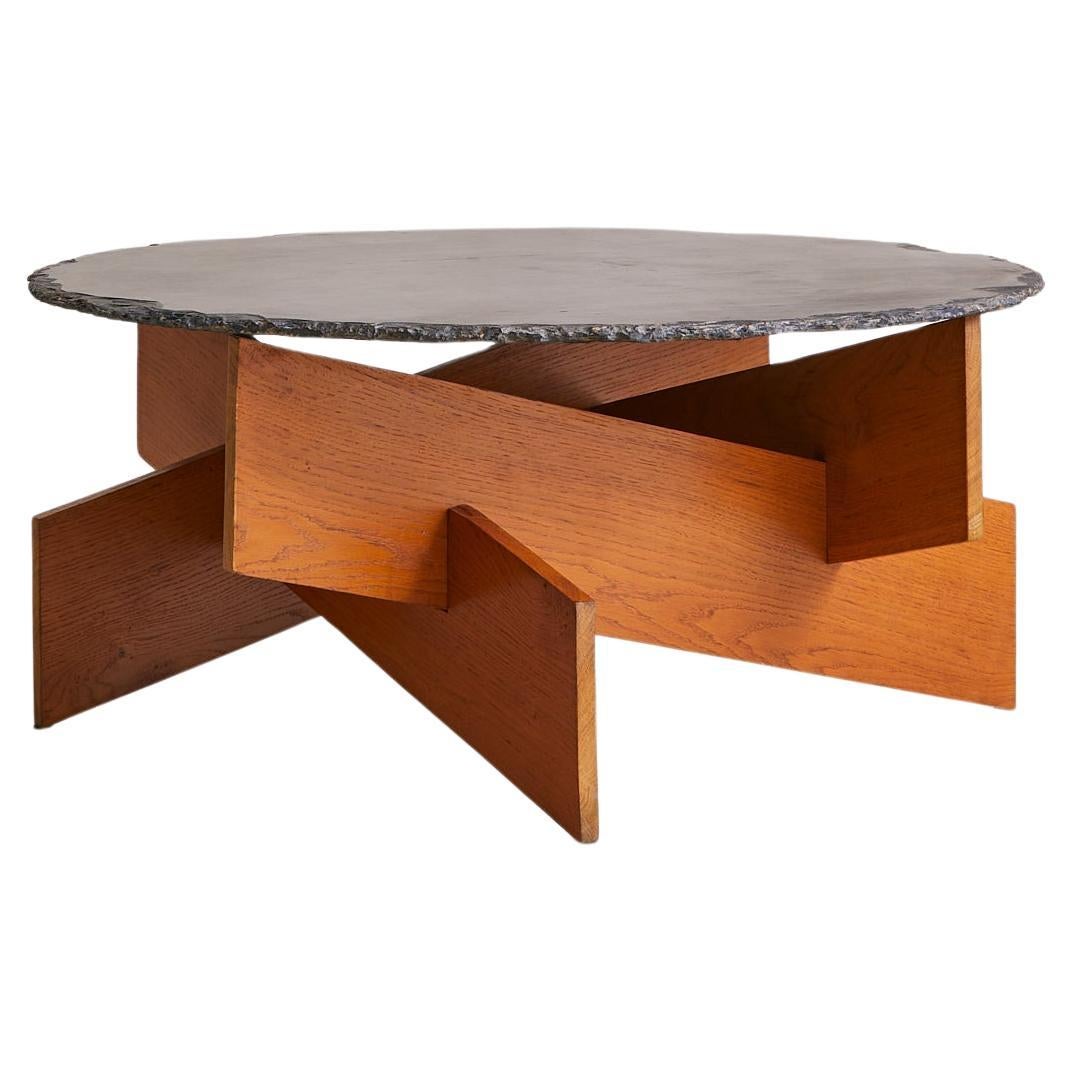 French Oak Coffee Table with Round Slate Top, 1970s en vente