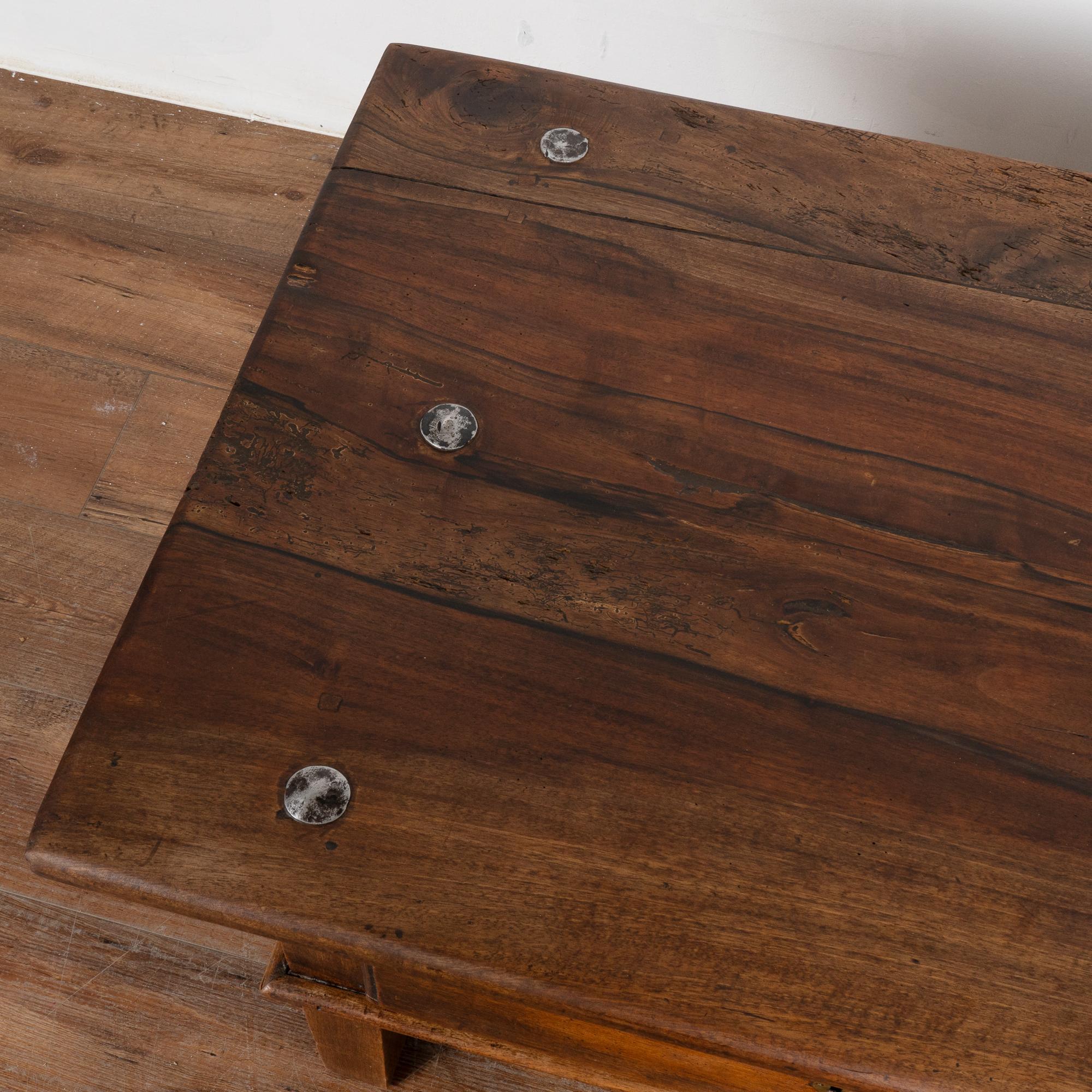 Metal French Oak Coffee Table with Two Drawers, circa 1820-40