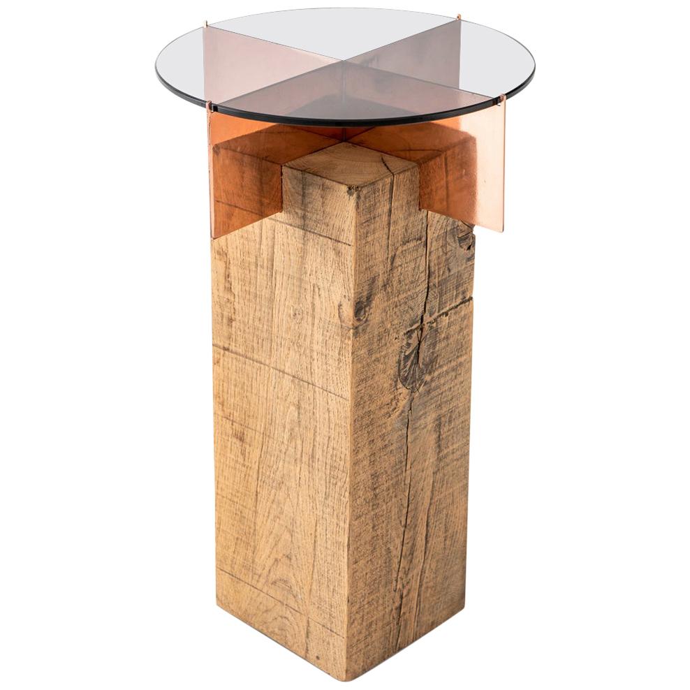 Table d'appoint TOTEM française en chêne, cuivre et verre pour bijoux par Egg Designs