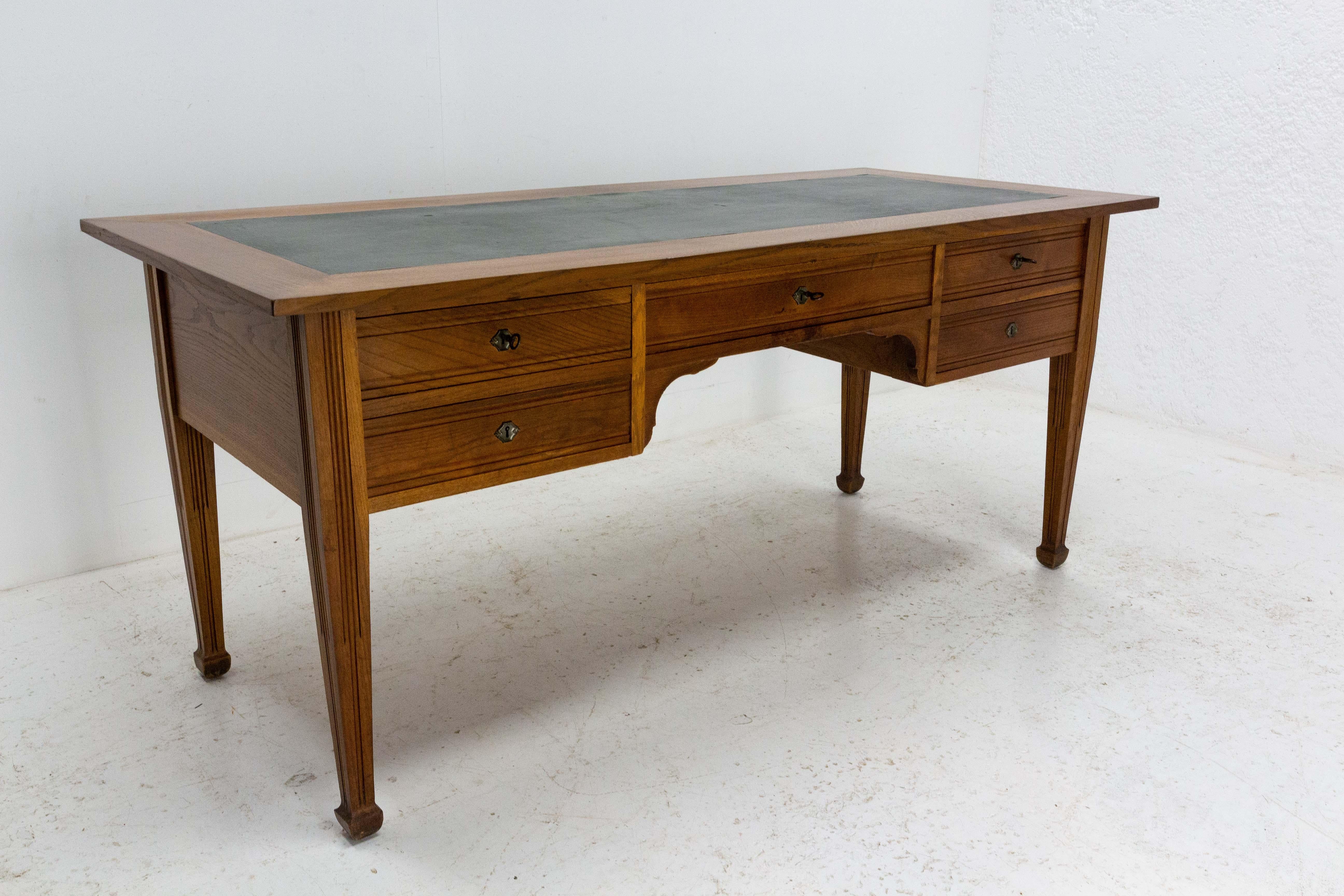 Mid-Century Modern French Oak Desk Five Drawers Midcentury
