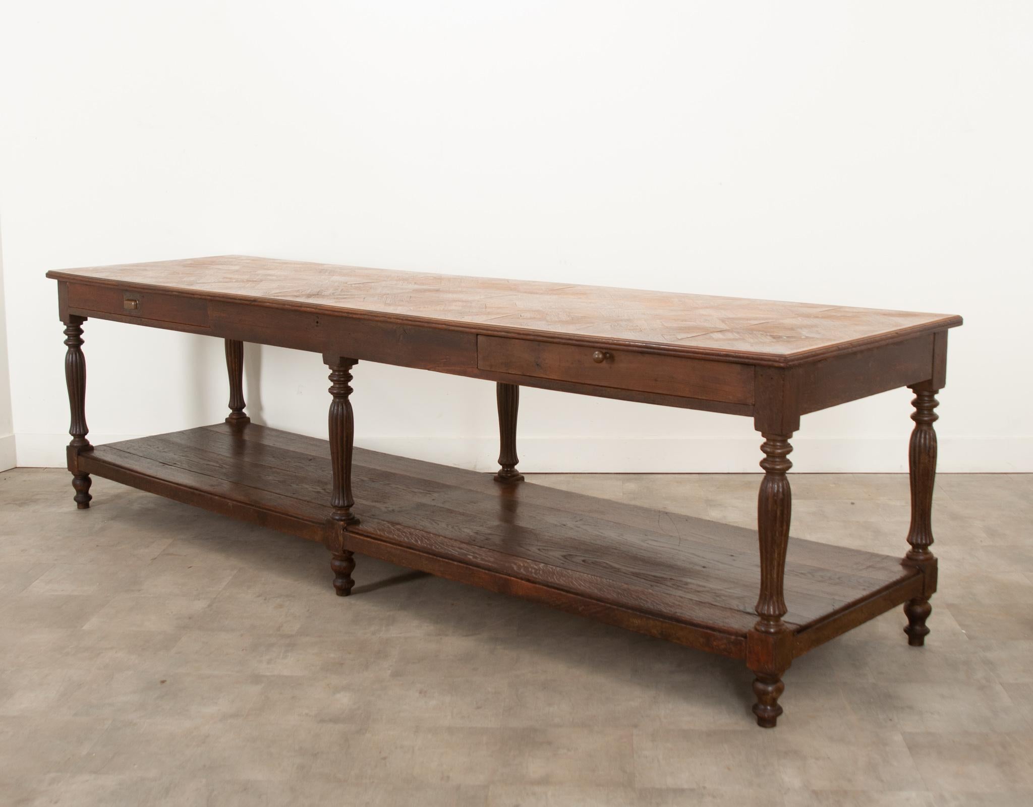 French Oak Drapery Table with Parquet Top For Sale 7