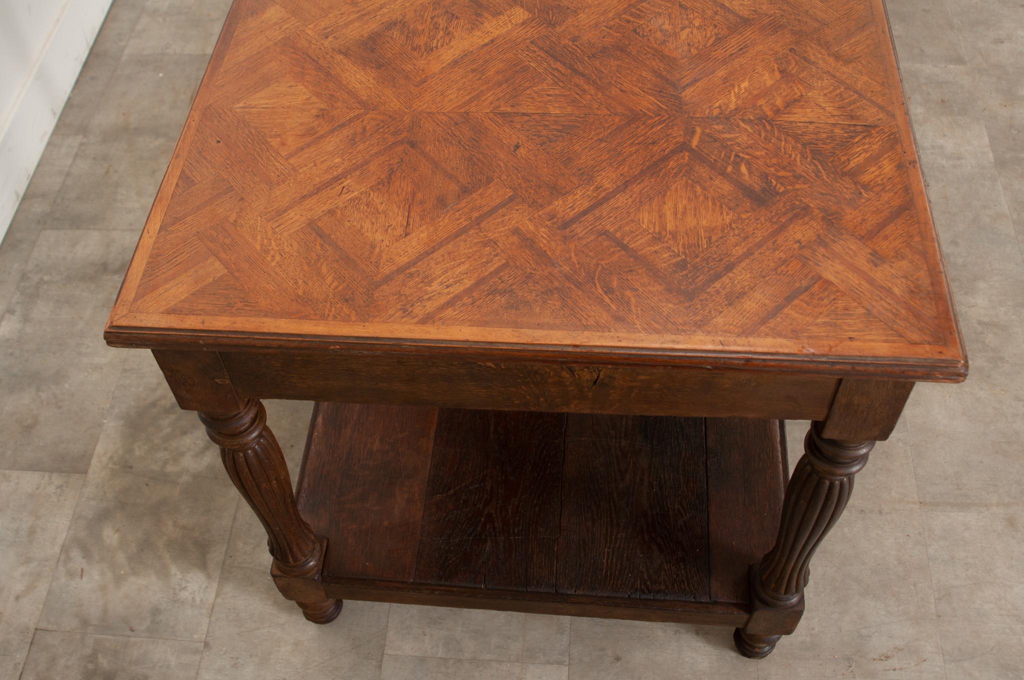 Metal French Oak Drapery Table with Parquet Top For Sale