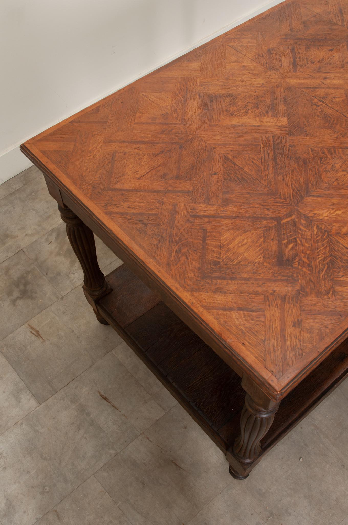 French Oak Drapery Table with Parquet Top For Sale 2