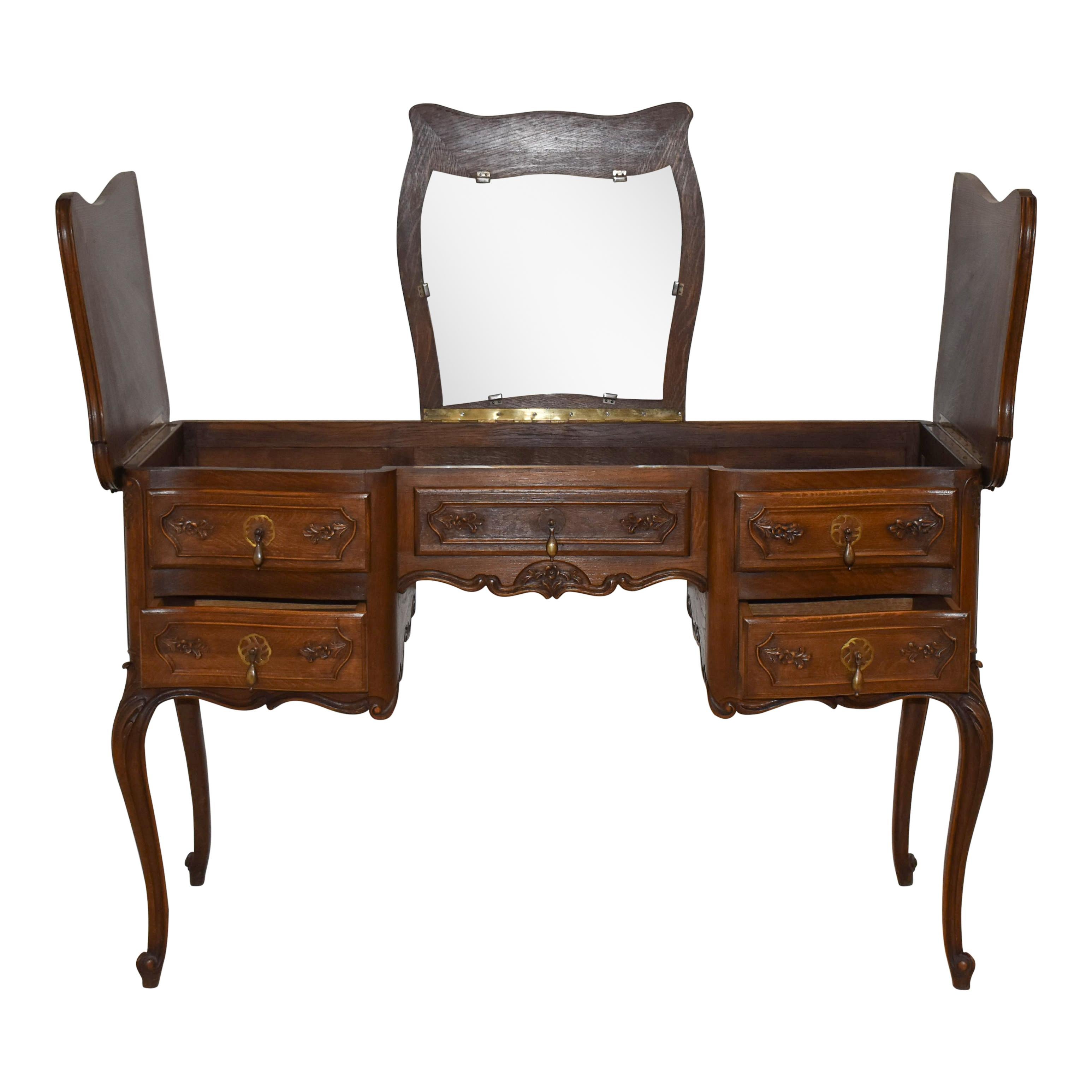 Louis XV French Oak Dressing Table with Mirror For Sale